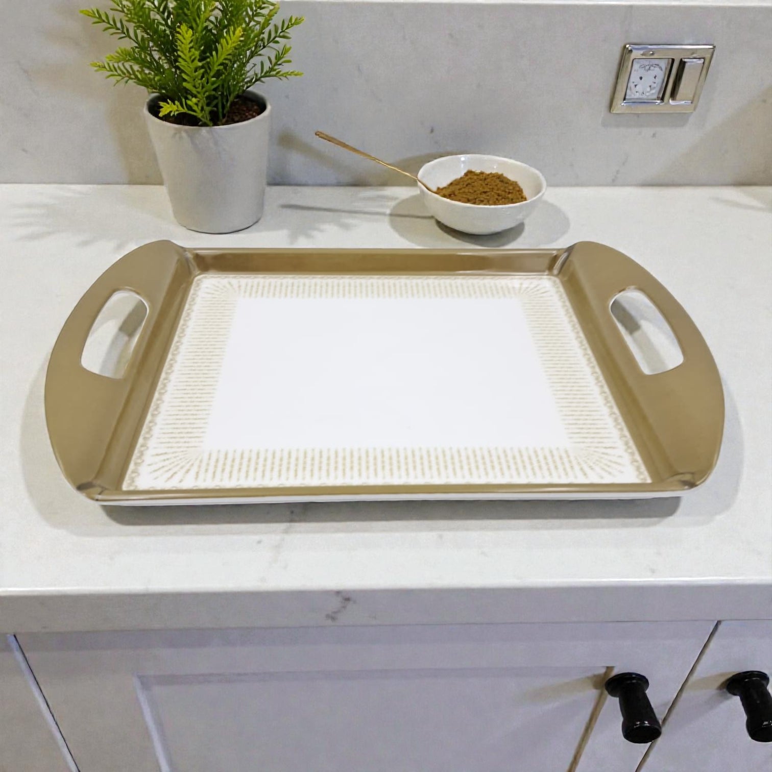 Luxury Rectangular Serving Tray with Handles – White & Gold Decorative Plastic Tray for Tea, Coffee & Table Serving (Available in 2 Sizes) - Damoo