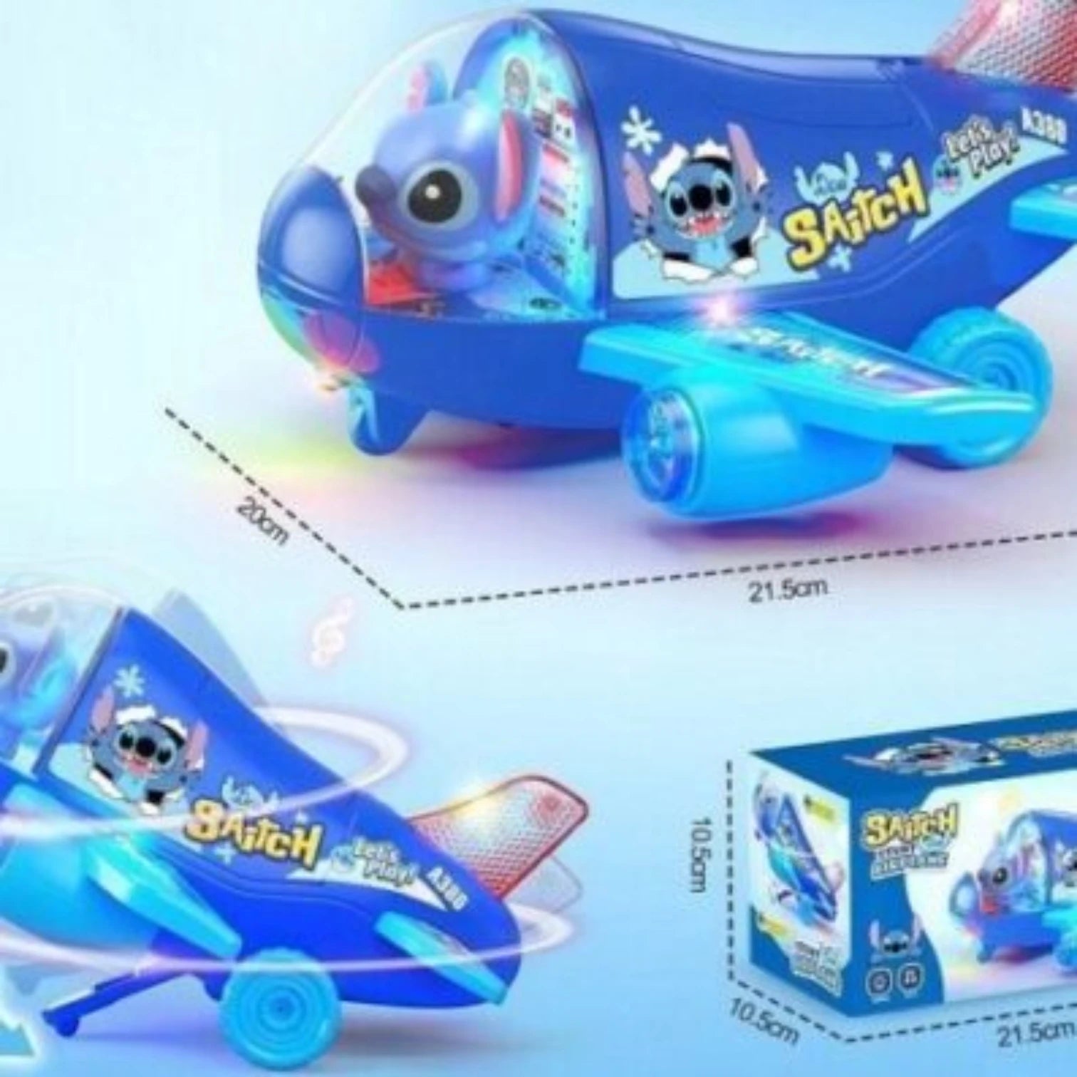 Stitch Stunt Airplane Toy with Lights & Sound – 360° Rotating Blue Airplane for Kids Ages 3+ | Interactive Aviation Toy with Fun Stunts & Character Design - Damoo