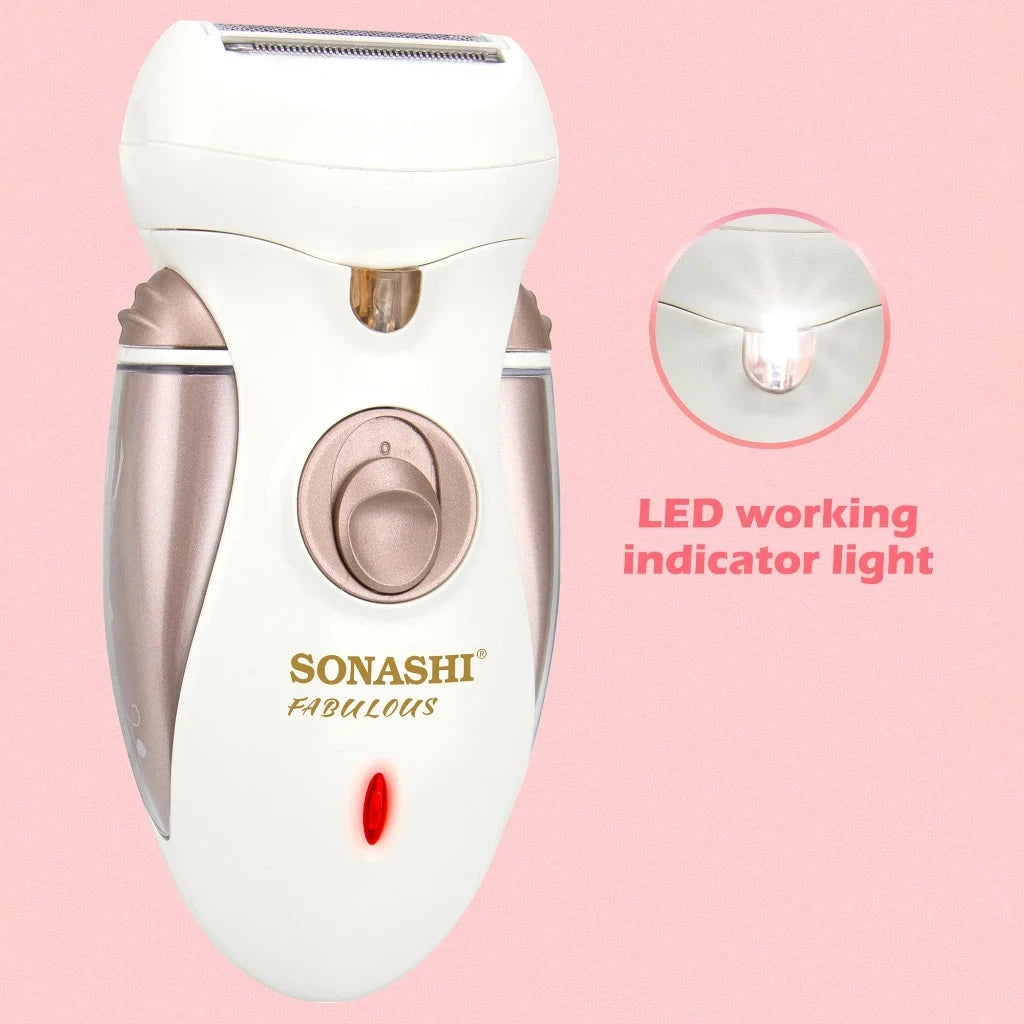 Sonashi Epilator & Trimmer for Women – SLD-824 | 3 Attachments, Washable Head, Stainless Steel Blades, LED Light, 45 Min Usage Time - Damoo
