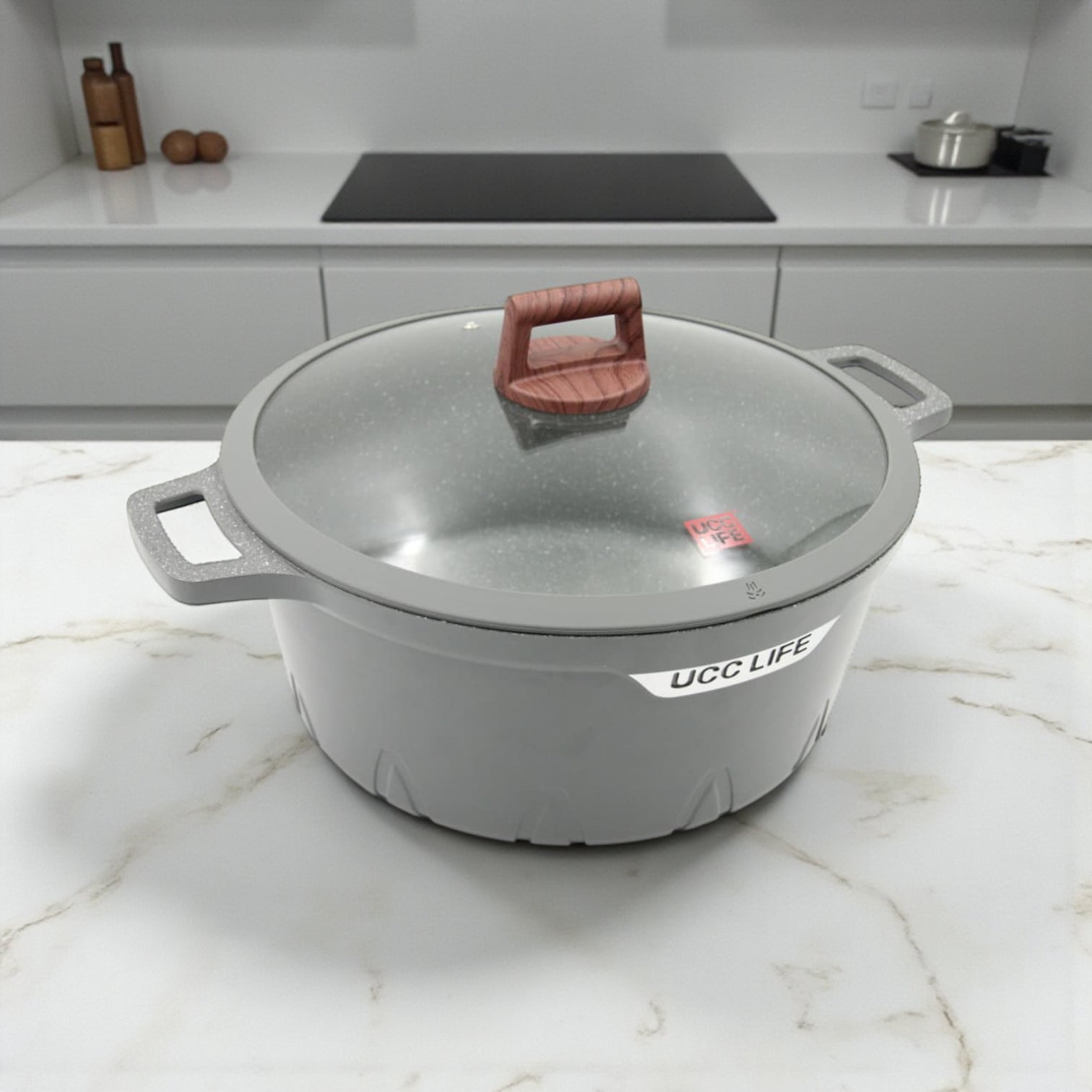 مجموعة أواني طهي جرانيت غير لاصقة من يو سي سي لايف، مكونة من ١٠ قطع - أواني طهي من الألومنيوم المطروق بأغطية زجاجية (٢٠ سم، ٢٤ سم، ٢٨ سم، ٣٢ سم، ومقلاة عميقة ٢٨ سم)