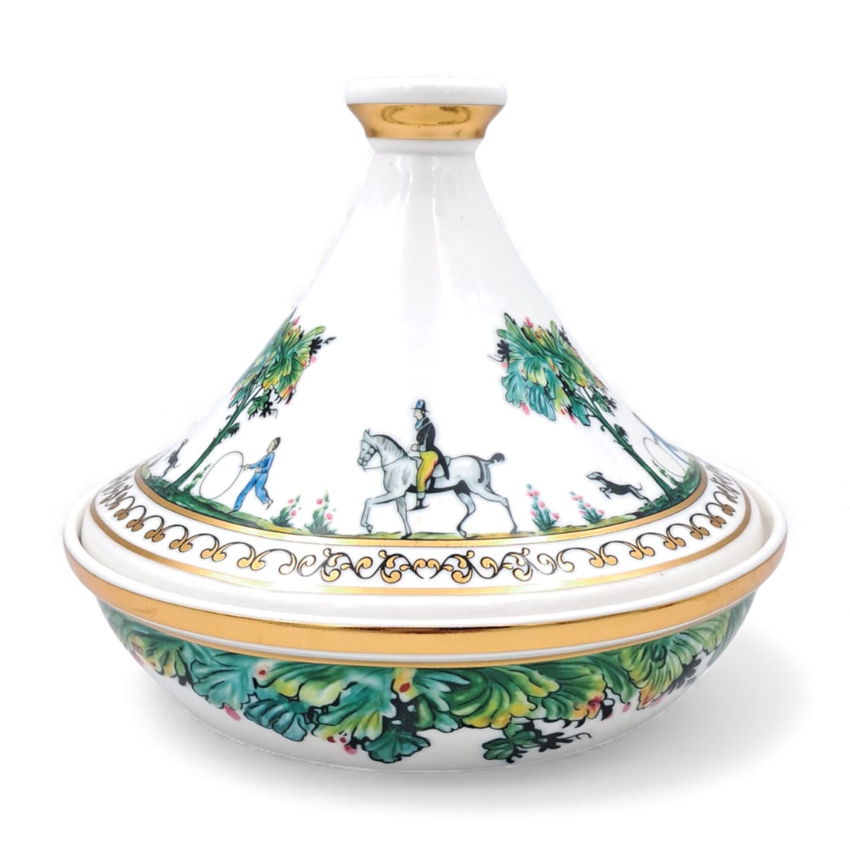 Luxury Ceramic Tagine Serving Dish with Forest & Horse Riding Artwork – Golden Rim Decorative Food Server with Dome Lid | Elegant Dining & Home Décor Centerpiece