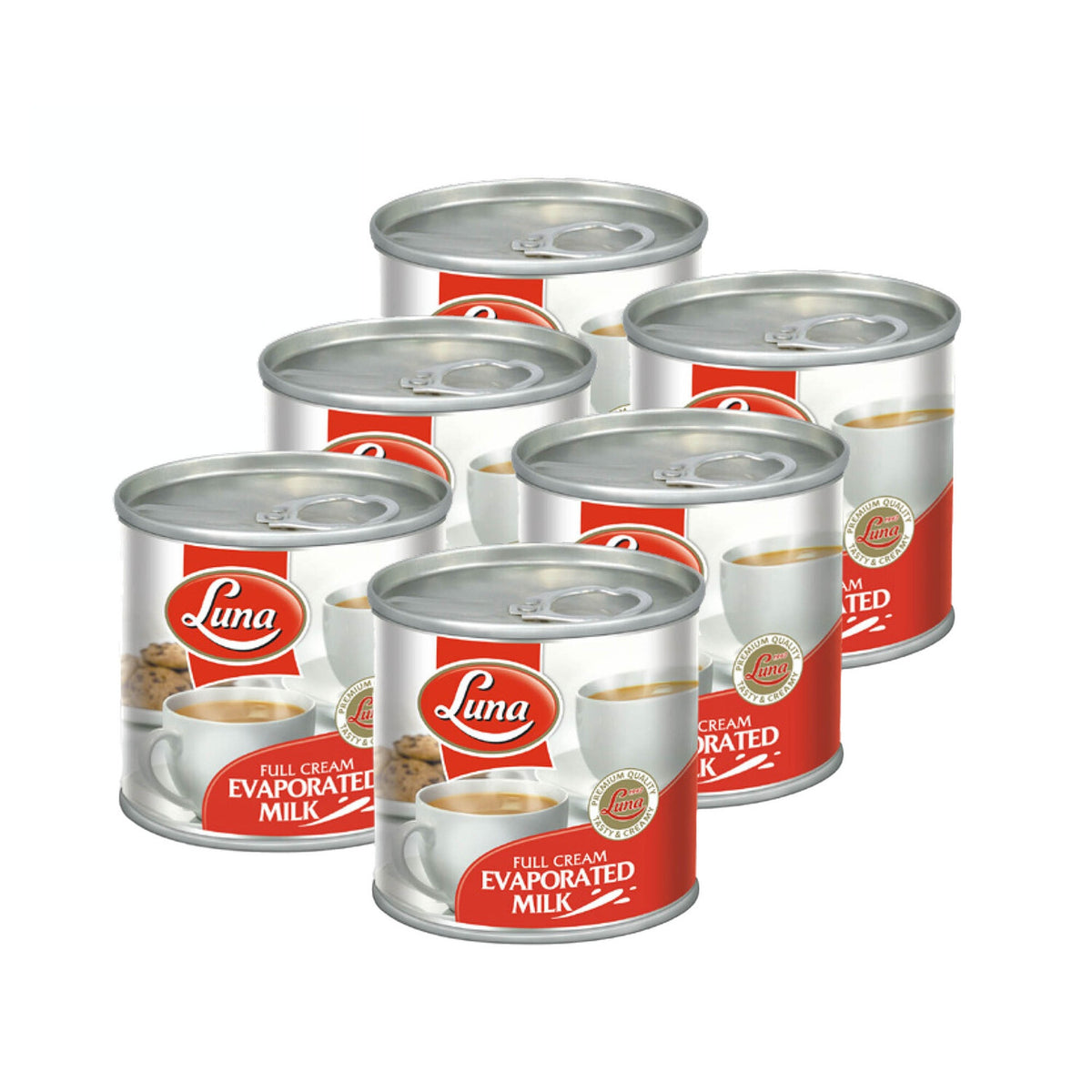 Six cans of Luna Full Cream Evaporated Milk arranged in two rows on a plain white background.