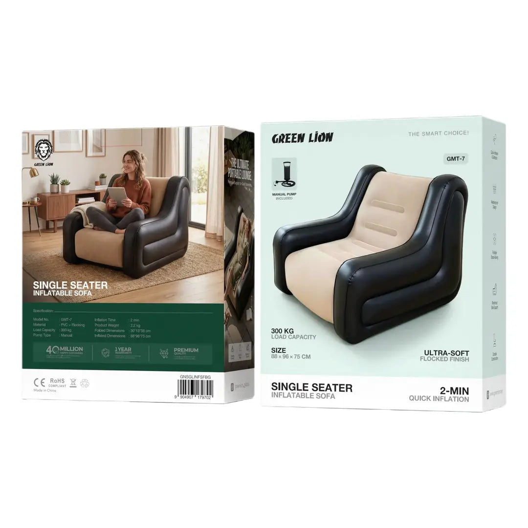 GREEN LION Single Seater Inflatable Sofa GMT-7 – Beige & Black, 300 KG Load Capacity, Manual Pump Included, Ultra-Soft Flocked Finish, 2-Min Inflation