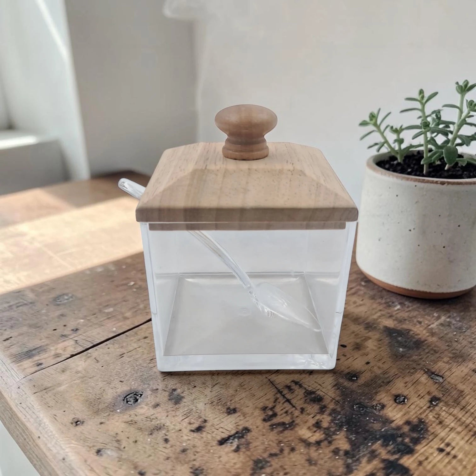 Acrylic Sugar Bowl with Wooden Lid & Spoon, Clear Kitchen Storage Container (11H x 9L x 9W CM), Multipurpose Condiment Jar - Damoo
