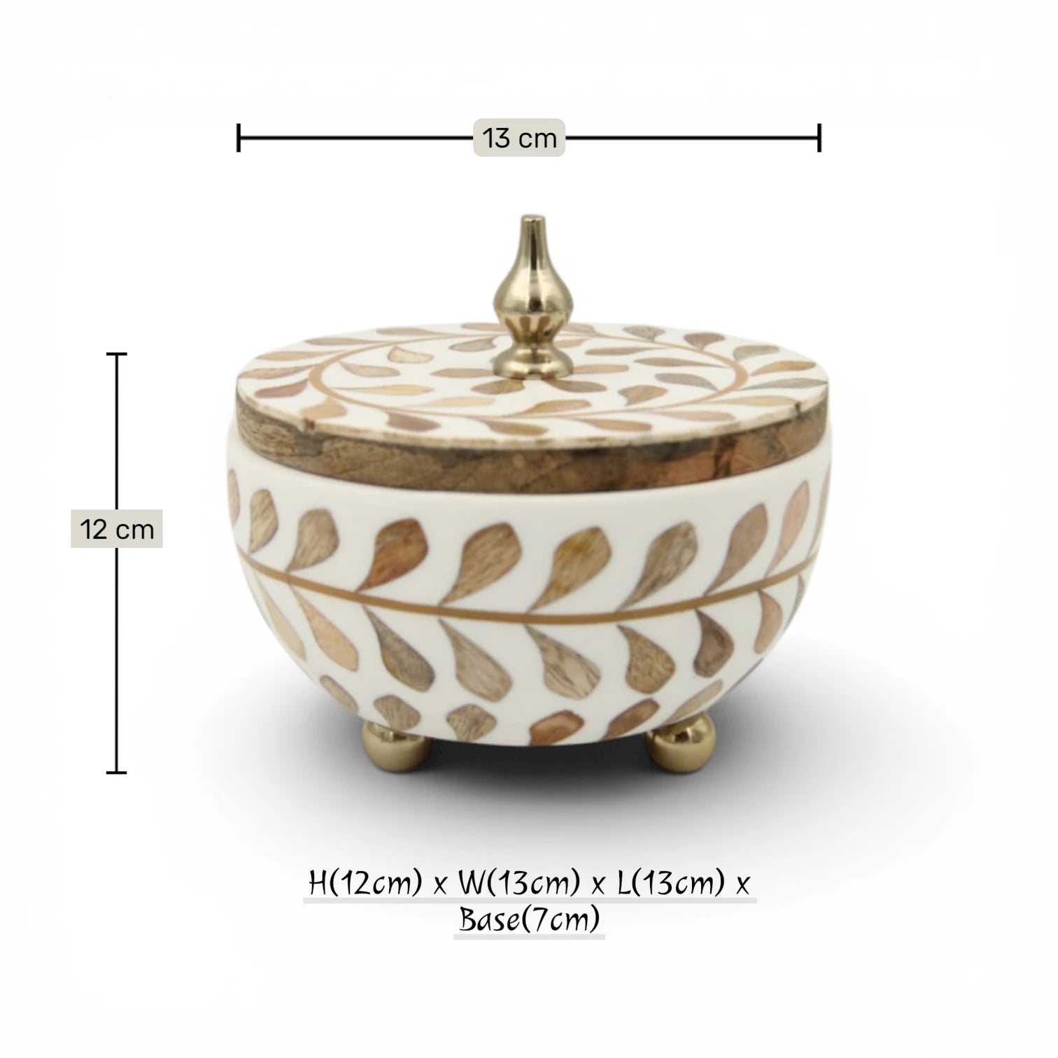 Round Squat Decorative Storage Box with Whitewash Carving – Handmade Wooden Box with Lid & Metal Feet – Elegant Home Décor Organizer (12H x 13L x 13W CM)