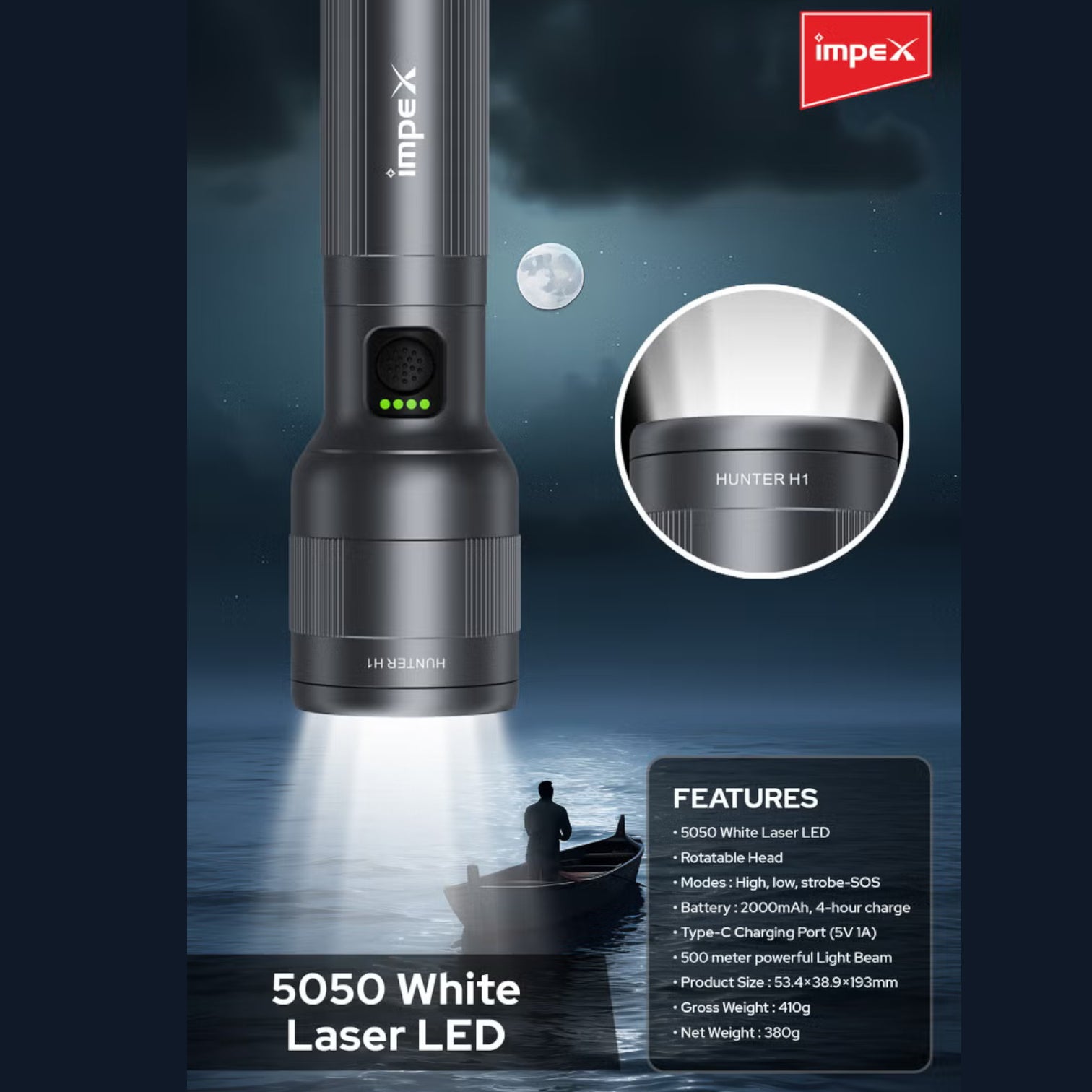 Impex Hunter H1 Rechargeable LED Flashlight | 5050 White Laser LED | 2000mAh Li-ion Battery | 4 Light Modes | 500m Beam | Type-C Fast Charging | Waterproof Aluminum Body