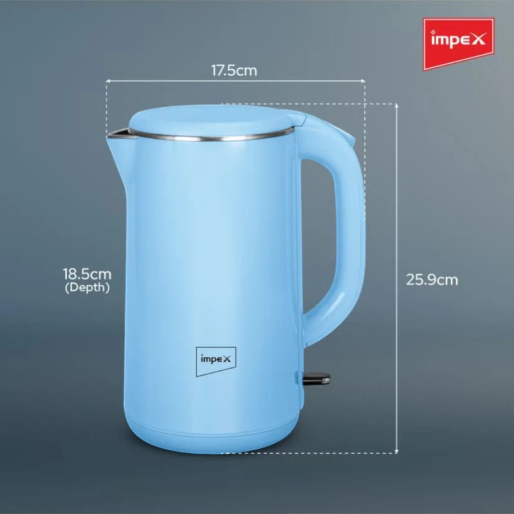 Impex 2.0L Double Layer Electric Kettle (Steamer 2002) – 1500W 304 Stainless Steel Kettle with Seamless Inner Body, FADA Double Controller, 360° Cordless Base, Auto Shut-Off & Indicator Light – Blue - Damoo