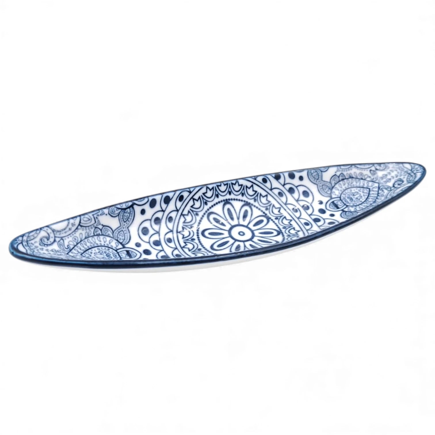 Che Brucia Ceramic Boat-Shaped Serving Dish – Blue & White Patterned Mandala Design | Premium Decorative Tableware for Snacks, Nuts, Olives, Dry Fruits, Sauces & Appetizers – 23cm