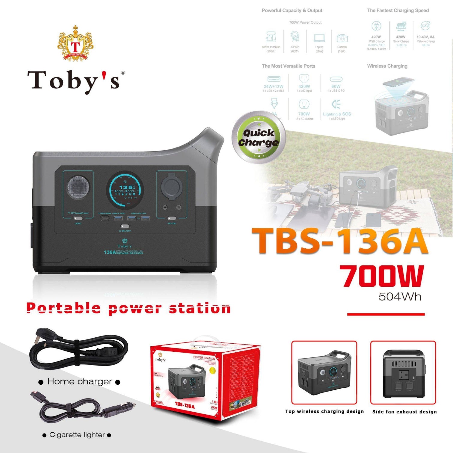 Toby’s TBS-136A Portable Power Station – 504Wh/140000mAh, 700W AC Inverter, Wireless Charging, Multiple Outputs for Outdoor, Camping, Emergency, and Home Backup