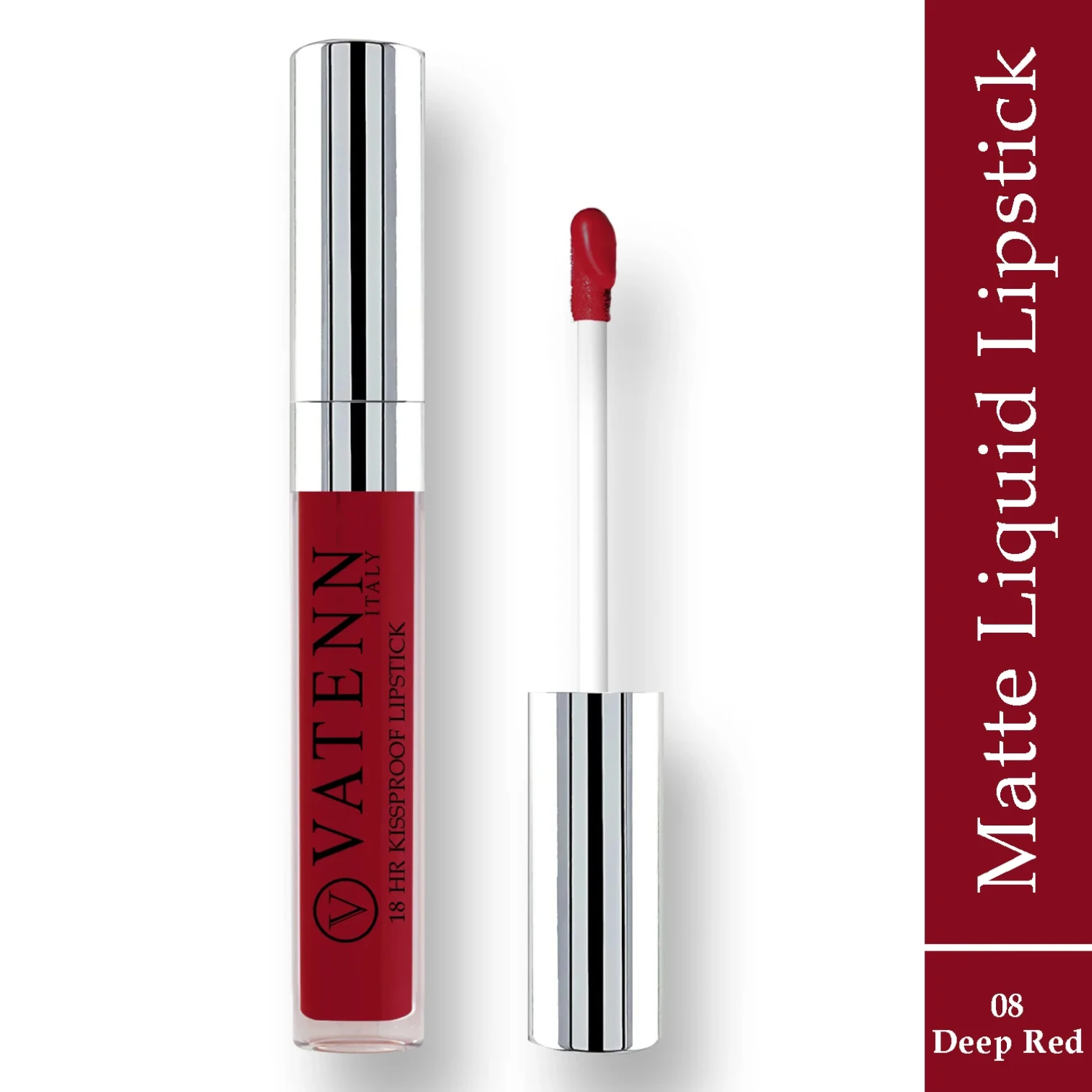 Vatenn Italy 18Hrs Kissproof Liquid Lipstick – Shade 08 Deep Red. Bold classic matte red lip color, transfer-proof, waterproof, non-drying & ultra-pigmented with 18hr long wear. - Damoo