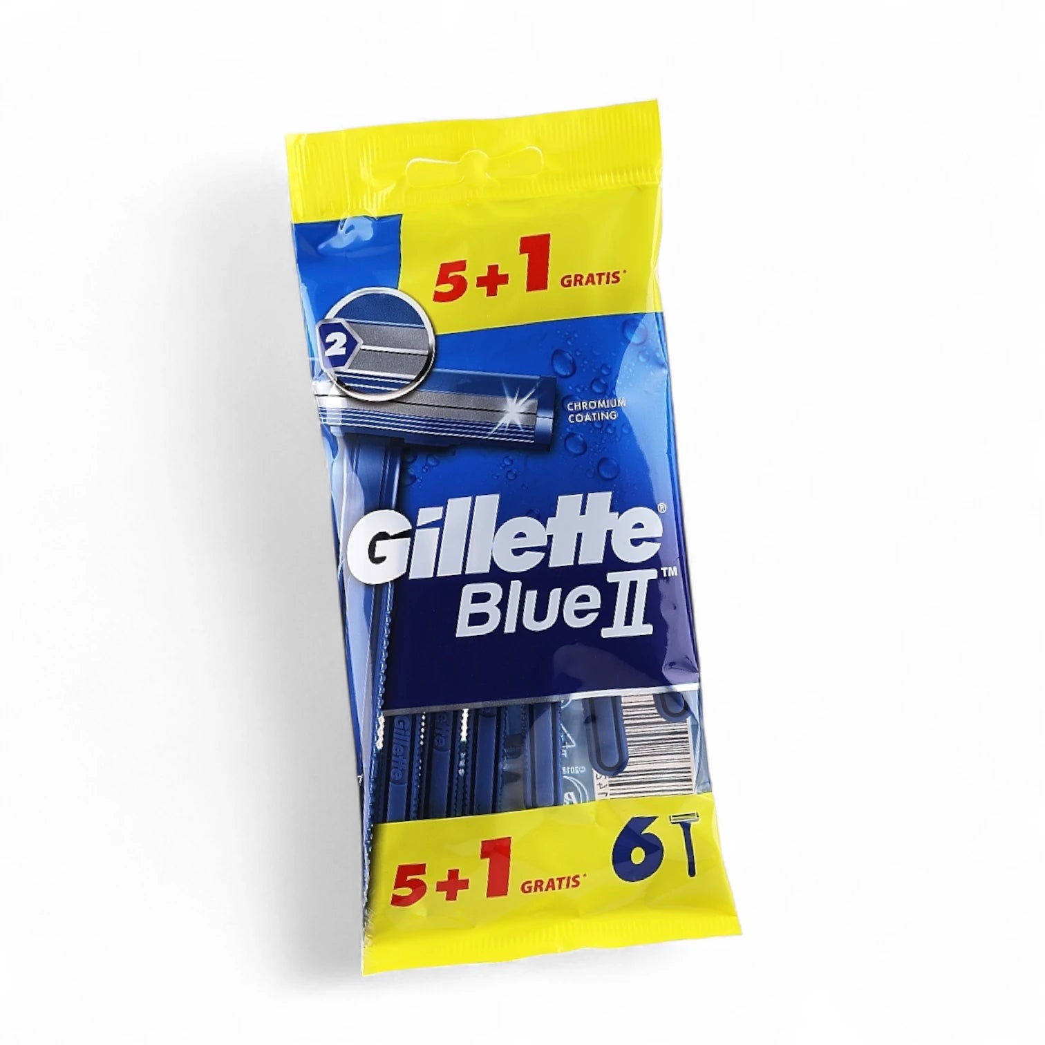 Gillette BlueII Plus Men’s Disposable Razors – 2 Chrome Coated Blades, Fixed Head, Lubricating Band – Pack of 6 (5+1 Free)