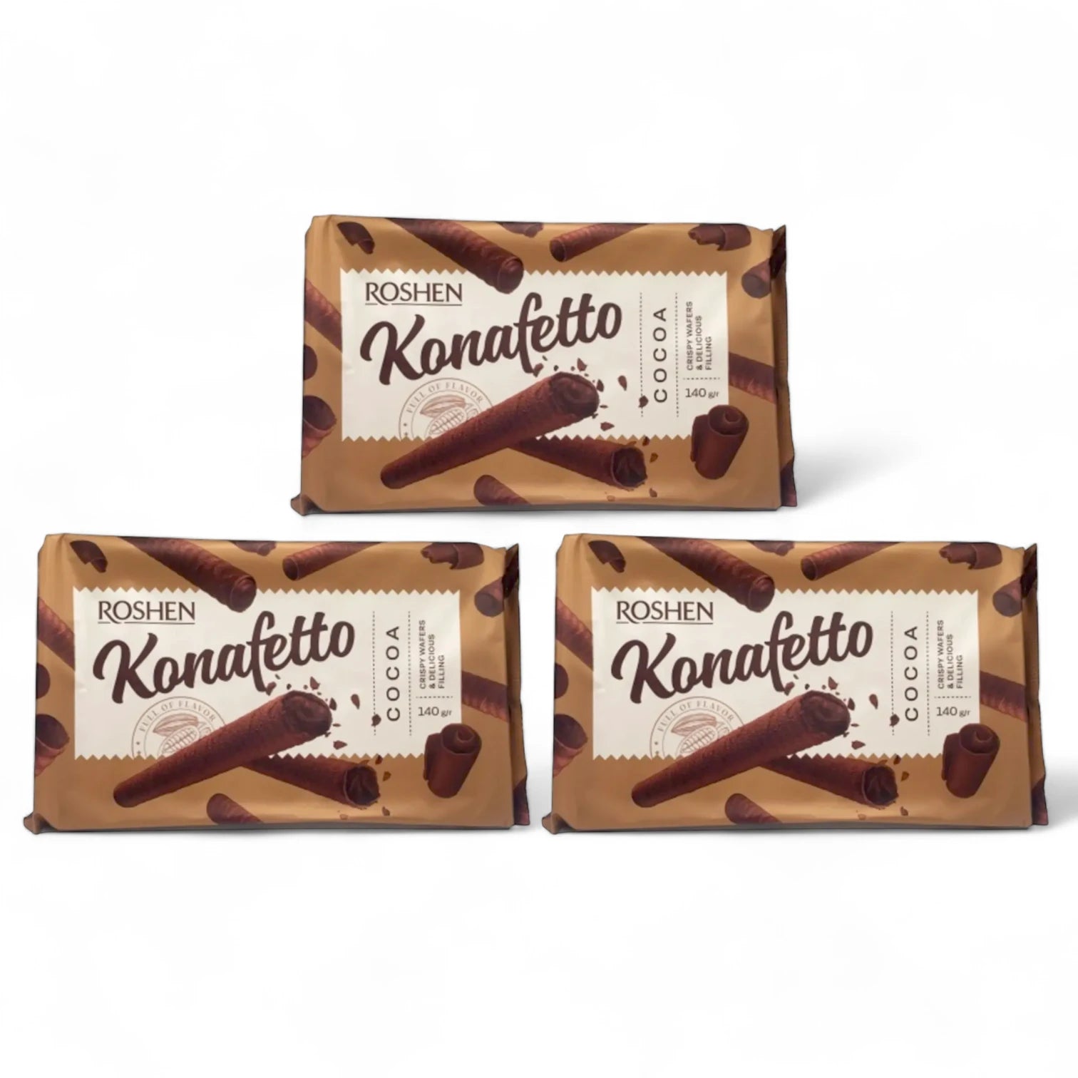 Roshen Konafetto Wafer Rolls with Cocoa Cream – 3X140g | Crispy Rolled Wafers with Cocoa-Flavored Cream | Sweet Snack or Dessert Treat - Damoo