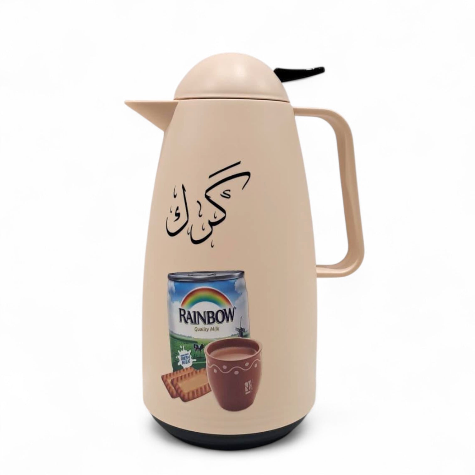 Crystal House Beige Thermos Flask – Rainbow Milk & Biscuit Design | Double Wall Insulated Tea Flask for Hot & Cold Beverages - Damoo