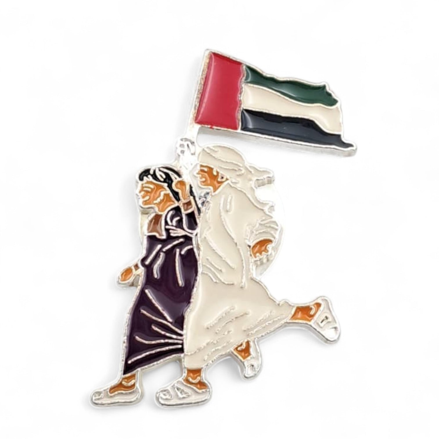 UAE Flag Couple Magnetic Badge – Patriotic Metal Pin with Emirati Man & Woman Holding UAE Flag – National Day Souvenir (H3.5cm x W2.5cm)