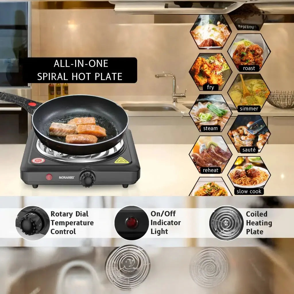 Sonashi Single Spiral Hot Plate – 1500W Portable Electric Cooker with 150mm Plate Diameter, Adjustable Temperature Control, Auto Thermostat, Non-Slip Feet, Indicator Light – Ideal for Home, Office, Dorm, Camping, Black - SHP-609CN - Damoo