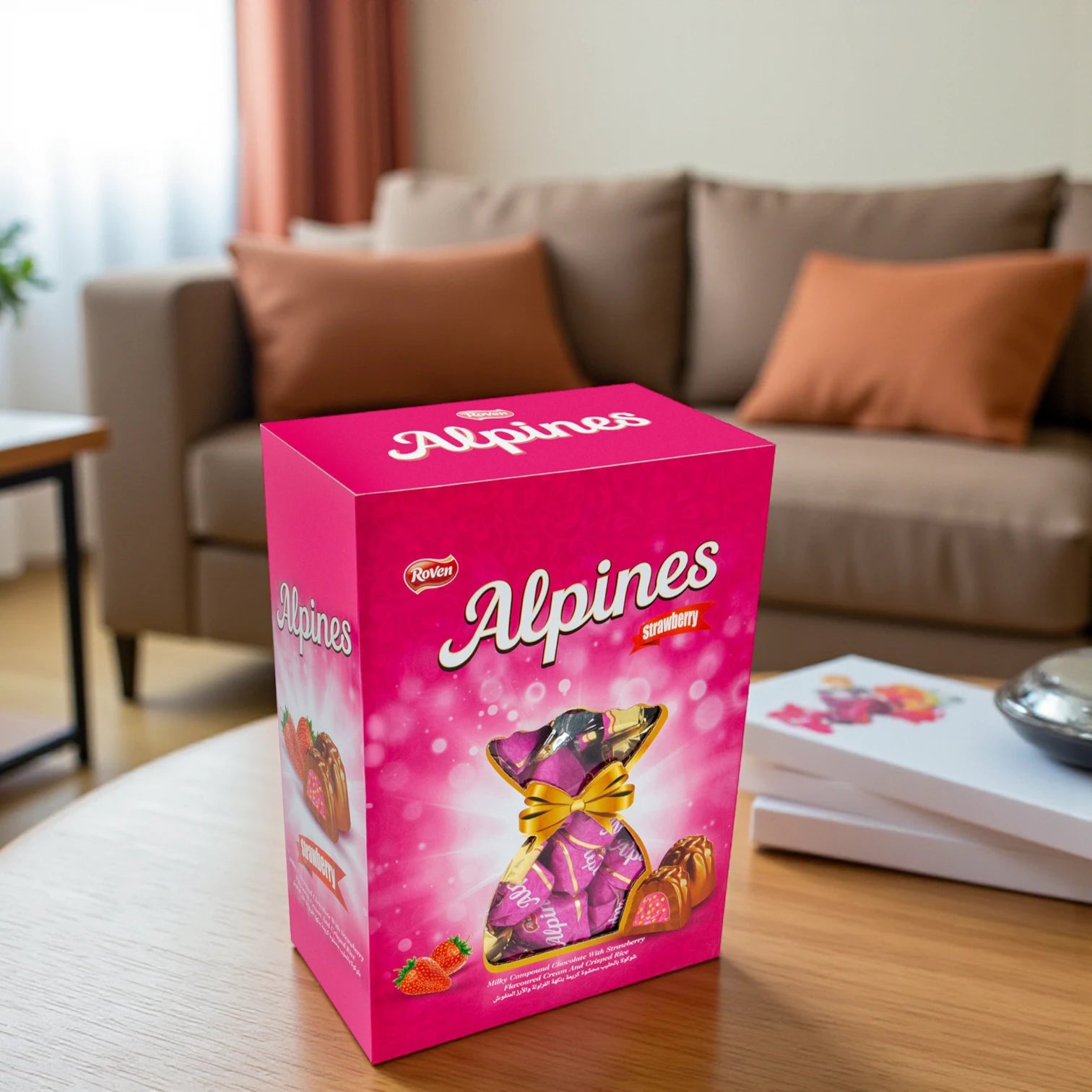 Roven Alpines Strawberry Cream Filled Milk Chocolate with Crisped Rice – 1kg Premium Assorted Gift Box – Milky Compound Chocolate Candy with Strawberry Flavoured Center – Individually Wrapped – Perfect for Gifting, Sharing & Celebrations - Damoo
