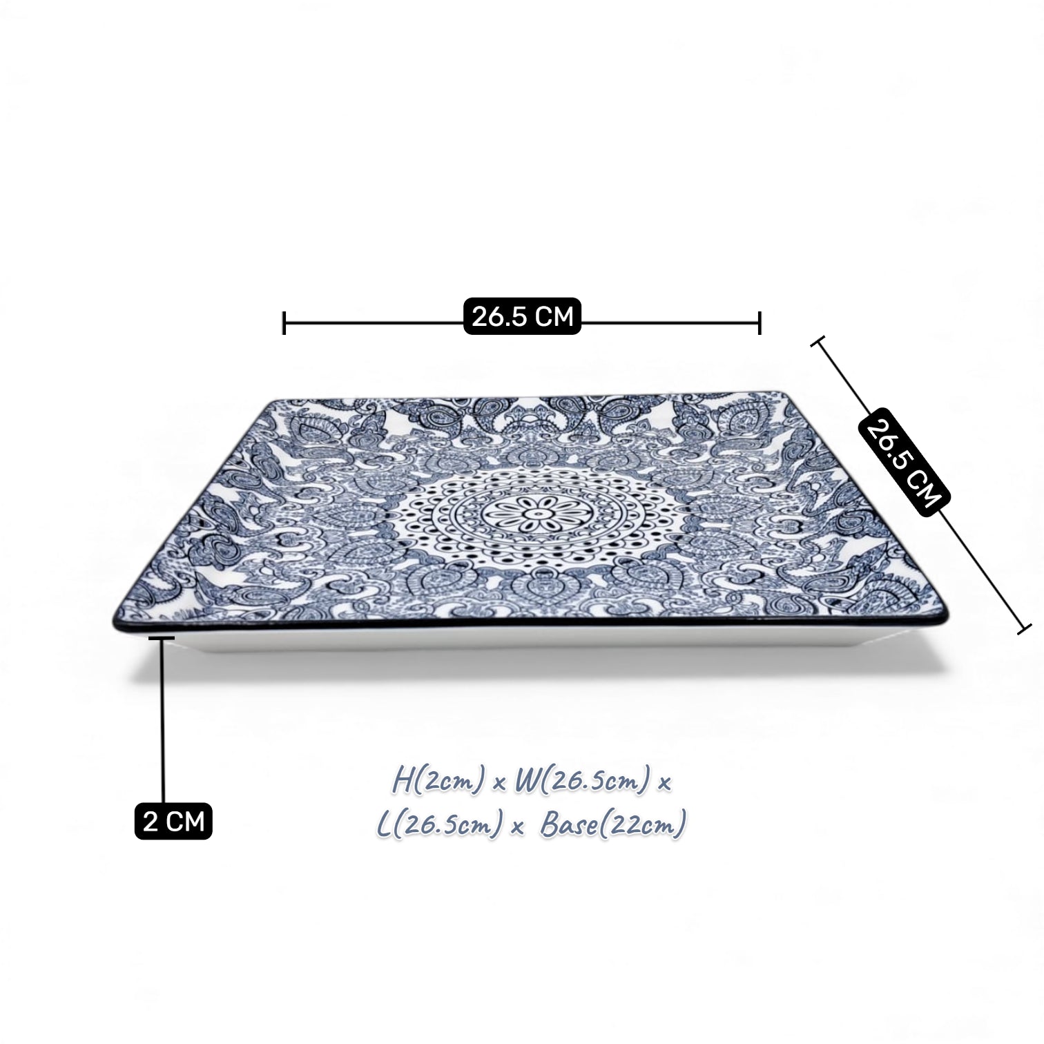 Ceramic Square Plate 26.5 x 26.5 cm | Blue Arabesque Pattern | Premium Glazed Stoneware Serving Plate | Dishwasher & Microwave Safe | Two Designs – Light Blue / Dark Blue