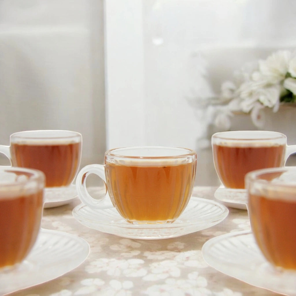 12-Piece Glass Tea Cup and Saucer Set – Delicate Ribbed Texture and Smooth Curves – Perfect for Tea Lovers, Home Gatherings, and Memorable Gifts - Damoo