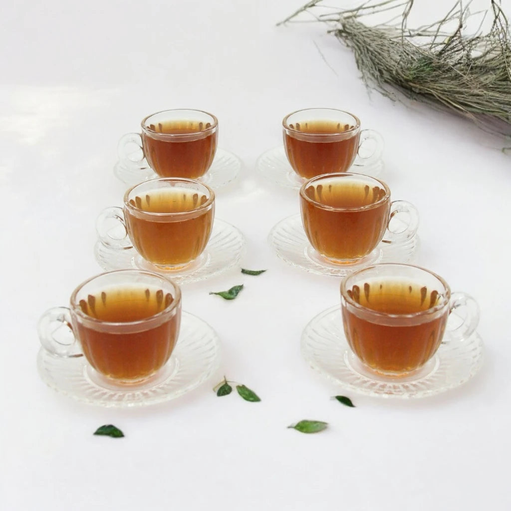 12-Piece Glass Tea Cup and Saucer Set – Delicate Ribbed Texture and Smooth Curves – Perfect for Tea Lovers, Home Gatherings, and Memorable Gifts - Damoo