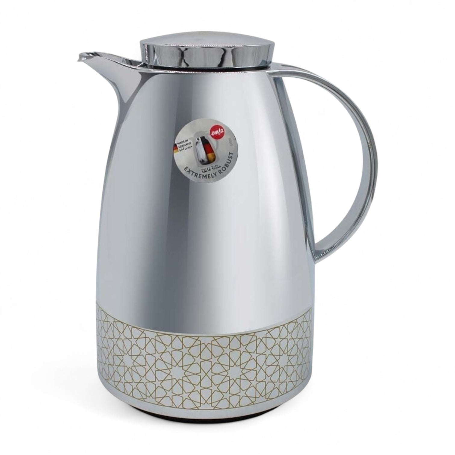 Emsa Auberge Chrome Thermal Carafe 1.0L – Stainless Steel Vacuum Jug with Glass Liner, Quick-Tip One-Hand Pouring, 100% Leak-Proof, 12H Heat / 24H Cold Retention, Elegant Chrome Finish - Damoo