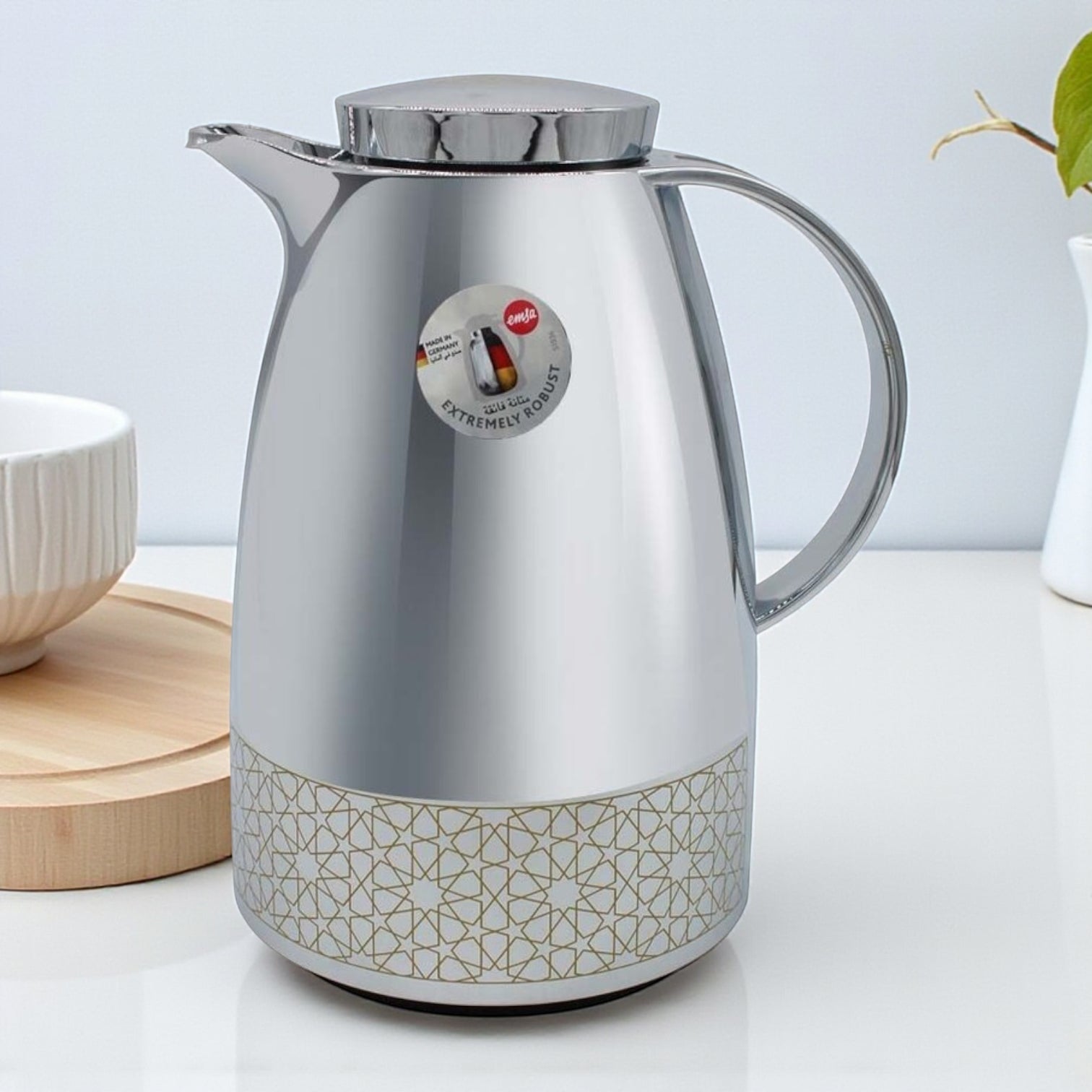 Emsa Auberge Chrome Thermal Carafe 1.0L – Stainless Steel Vacuum Jug with Glass Liner, Quick-Tip One-Hand Pouring, 100% Leak-Proof, 12H Heat / 24H Cold Retention, Elegant Chrome Finish - Damoo