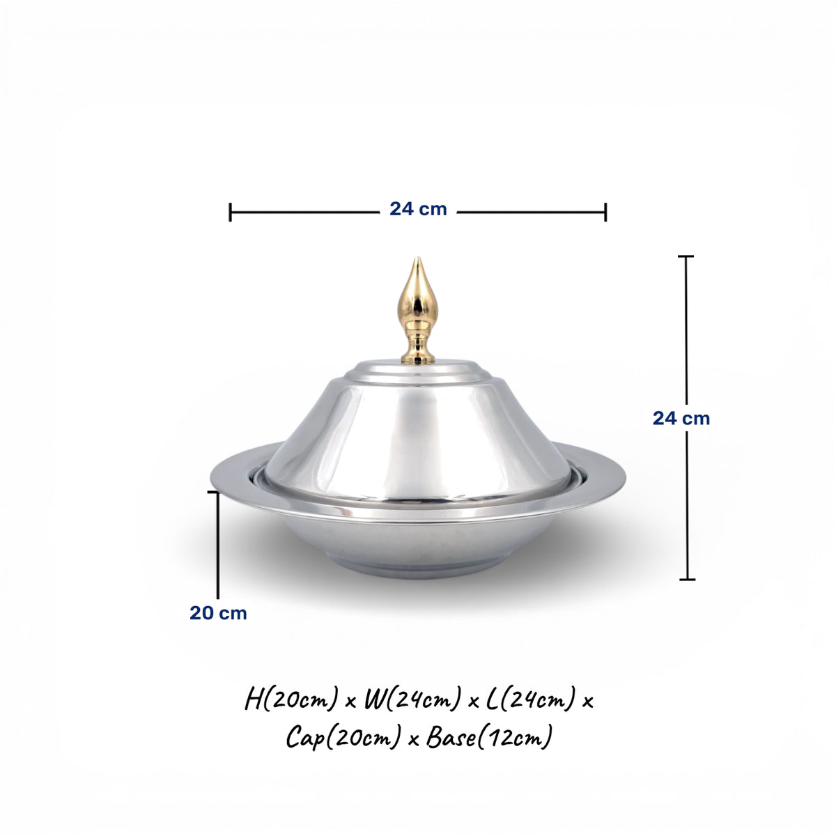 Praylady Marina Stainless Steel Serving Bowl With Gold Knob Lid – Luxury Date & Sweets Dish for Arabic Hospitality (20H x 24L × 24W CM) - Damoo