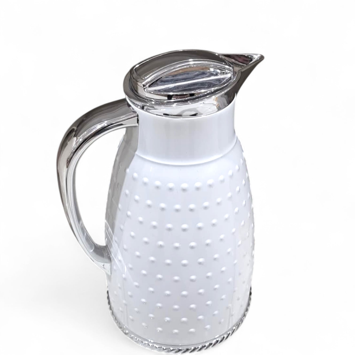 Ansa Premium White Insulated Thermos Flask – Elegant Dotted Design with Chrome or Gold Finish – 1L Vacuum Jug for Hot & Cold Beverages - Damoo