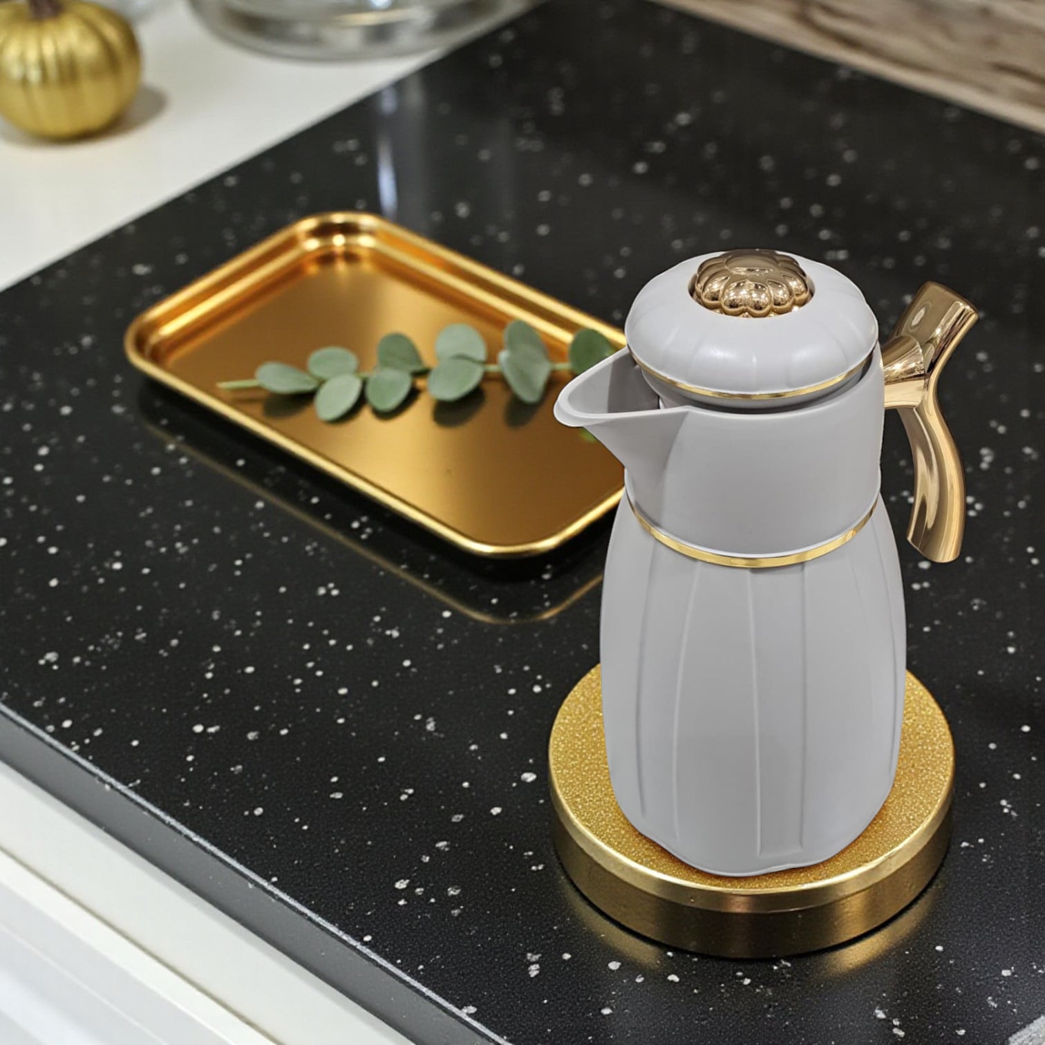 GERMAX Arabic Vacuum Flask 1.0L – light gray flask Golden Lid | Premium PP Plastic Thermo Coffee & Tea Pot | Keeps Drinks Hot for 12 Hours & Cold for 24 Hours - Damoo