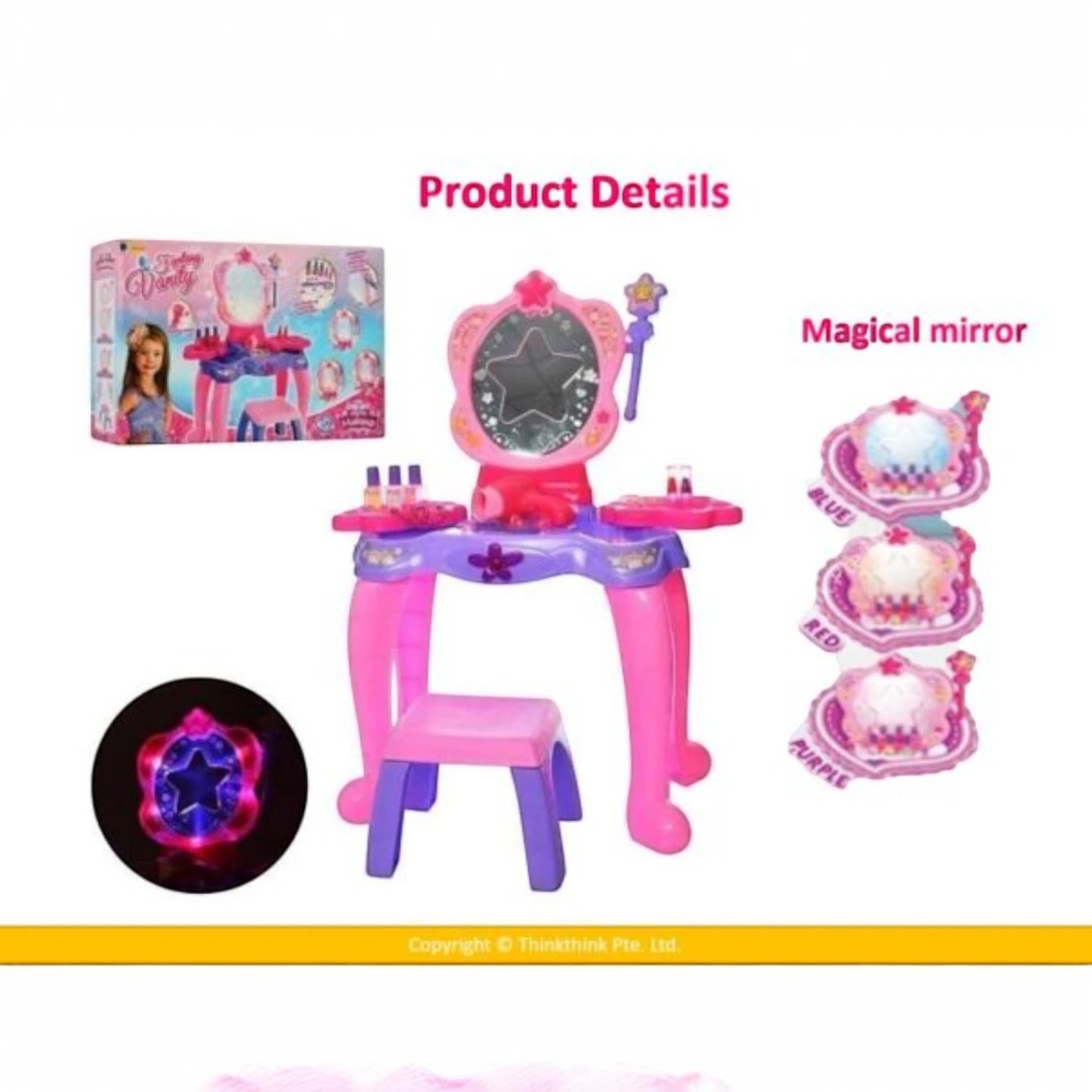 Princess Dressing Table Play Set with Chair, Mirror, Hair Dryer & Cosmetic Accessories – Battery Operated Light & Sound Effects | Interactive Pretend Play Toy for Kids