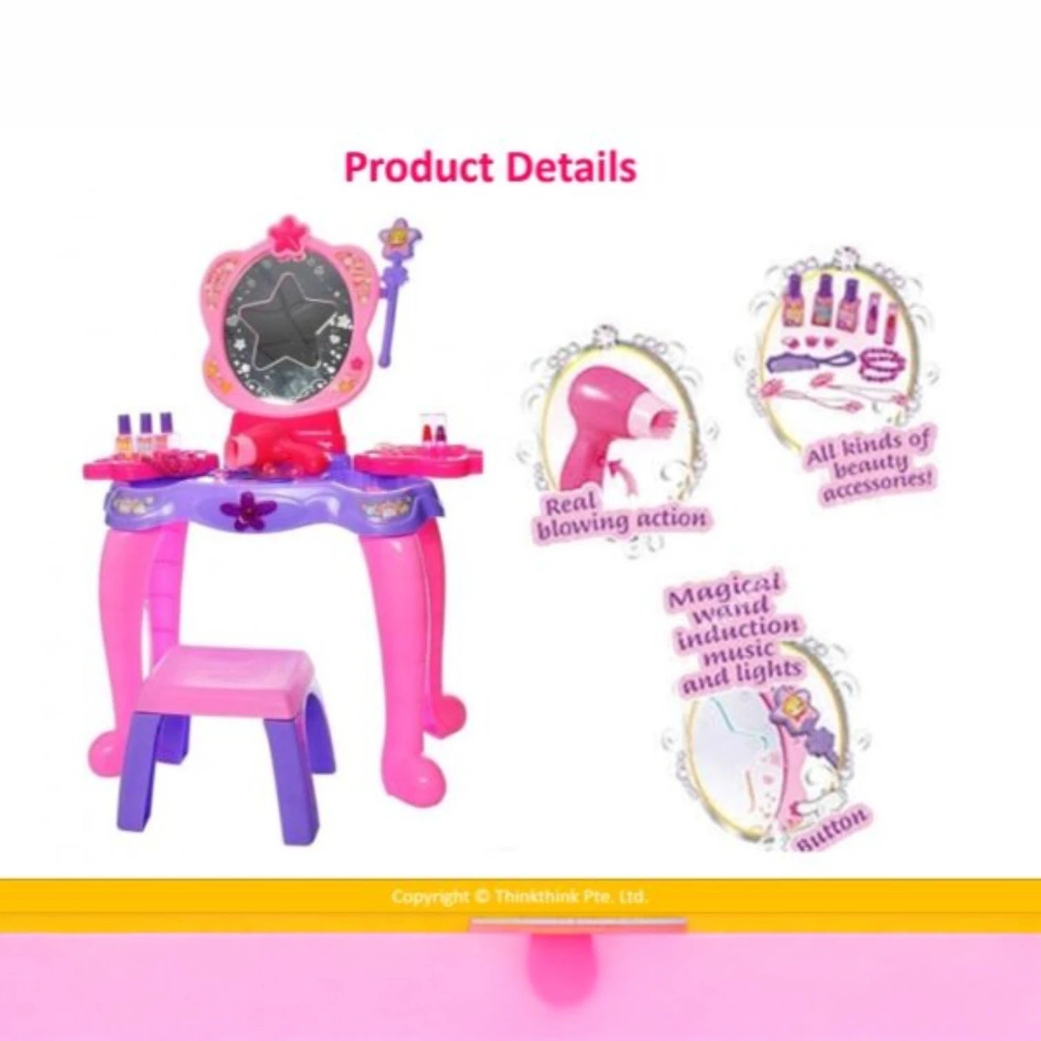 Princess Dressing Table Play Set with Chair, Mirror, Hair Dryer & Cosmetic Accessories – Battery Operated Light & Sound Effects | Interactive Pretend Play Toy for Kids