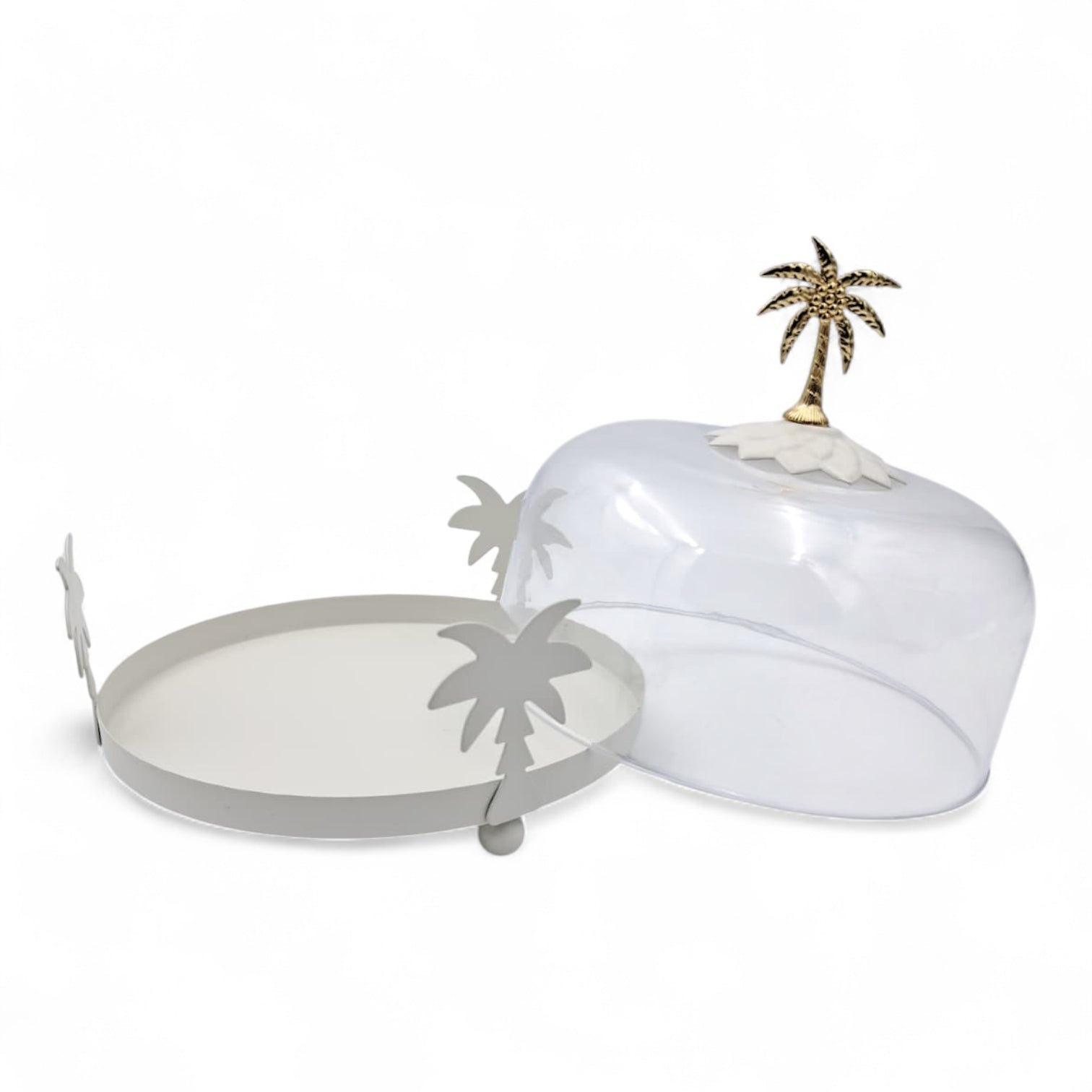 White & Gold Palm Tree Cake Stand with Dome Cover – Elegant Round Brass & Glass Dessert Tray | Decorative Serving Platter for Cakes, Dates & Sweets