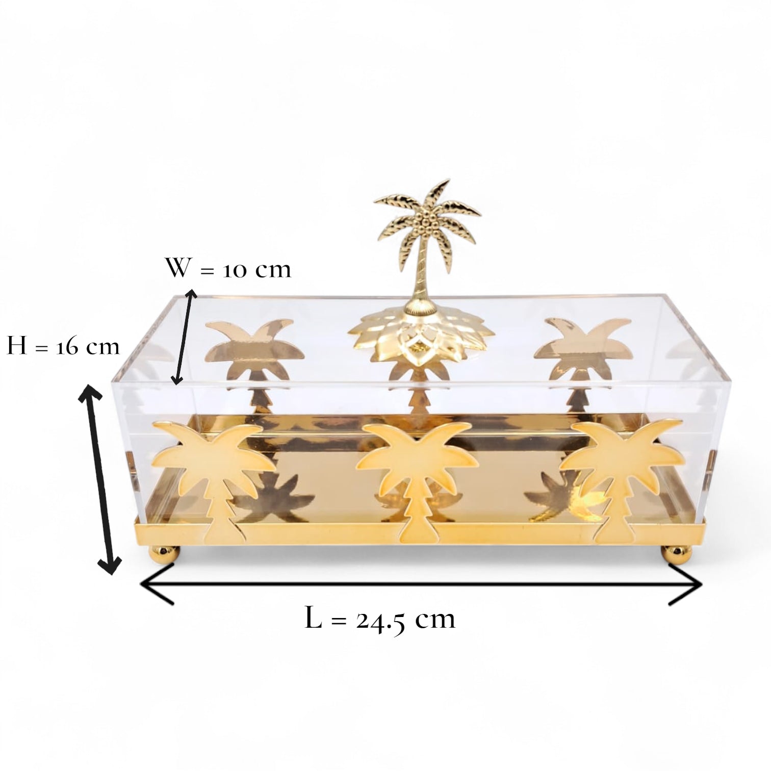 صندوق زخرفي فاخر على شكل شجرة نخيل من الأكريليك والذهب - صينية تخزين أنيقة مع غطاء وقاعدة ذهبية وتصميم نخلة (الارتفاع 16 سم × العرض 10 سم × الطول 24.5 سم)