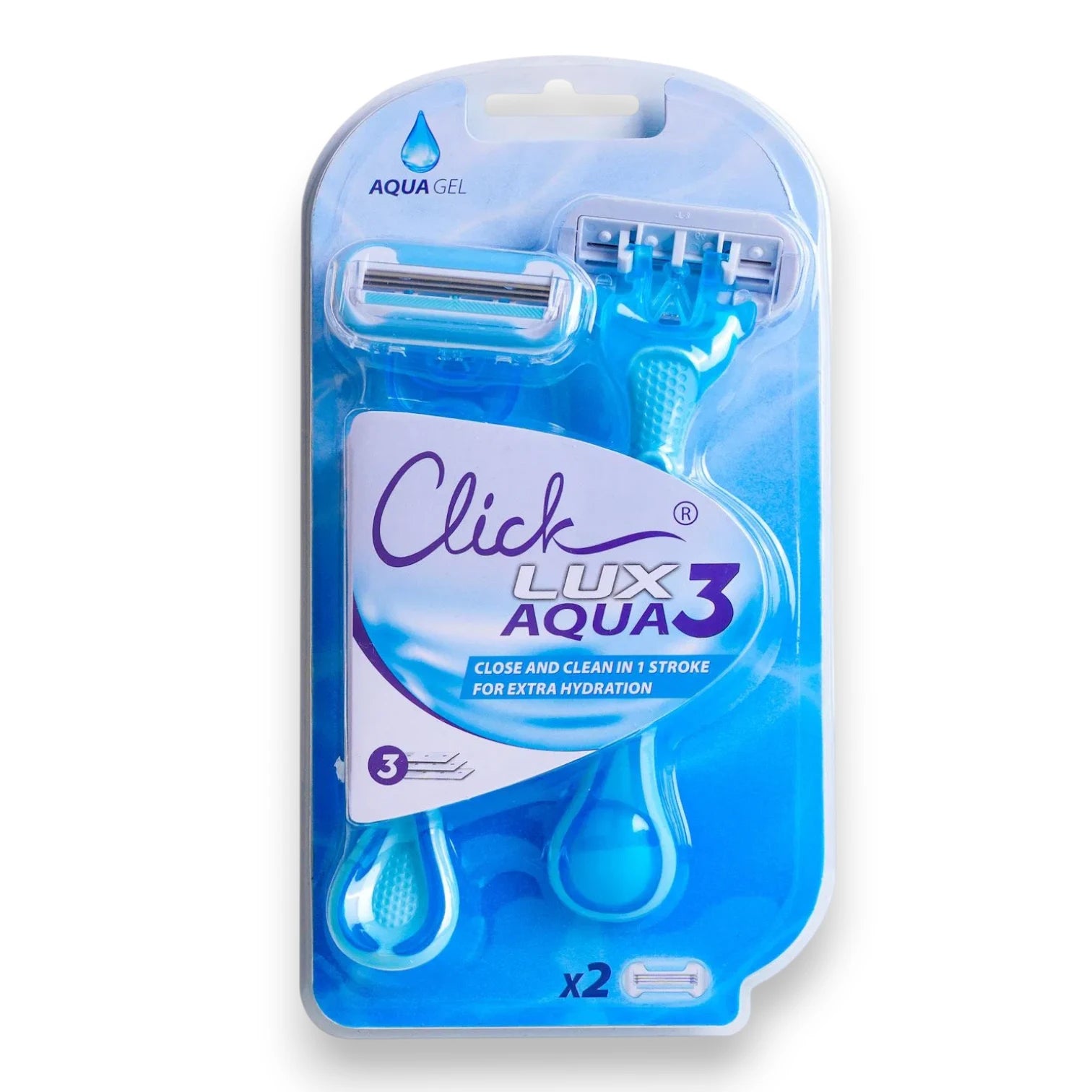 Click Lux Aqua 3 Men’s Razor with Aqua Gel – 3 Sharp Blades, Hydrating Lubrastrip, Smooth Shave System, Pack of 2 - Damoo