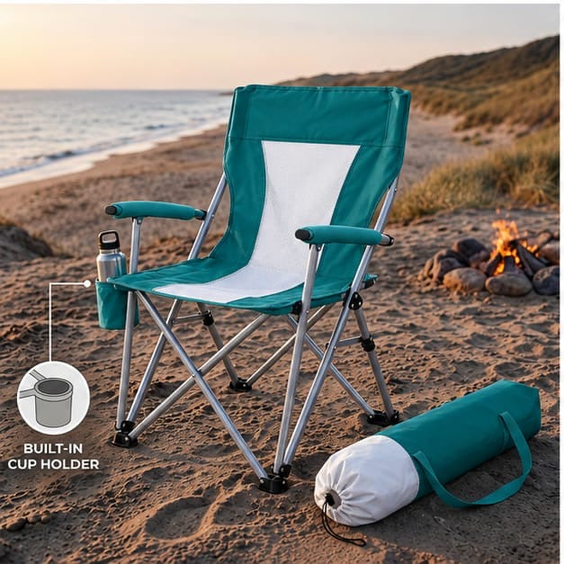 Portable Foldable Outdoor Camping Chair – 94 x 64 x 73 cm | Padded Armrests, Built-In Cup Holder | Folding Leisure Seat for Camping