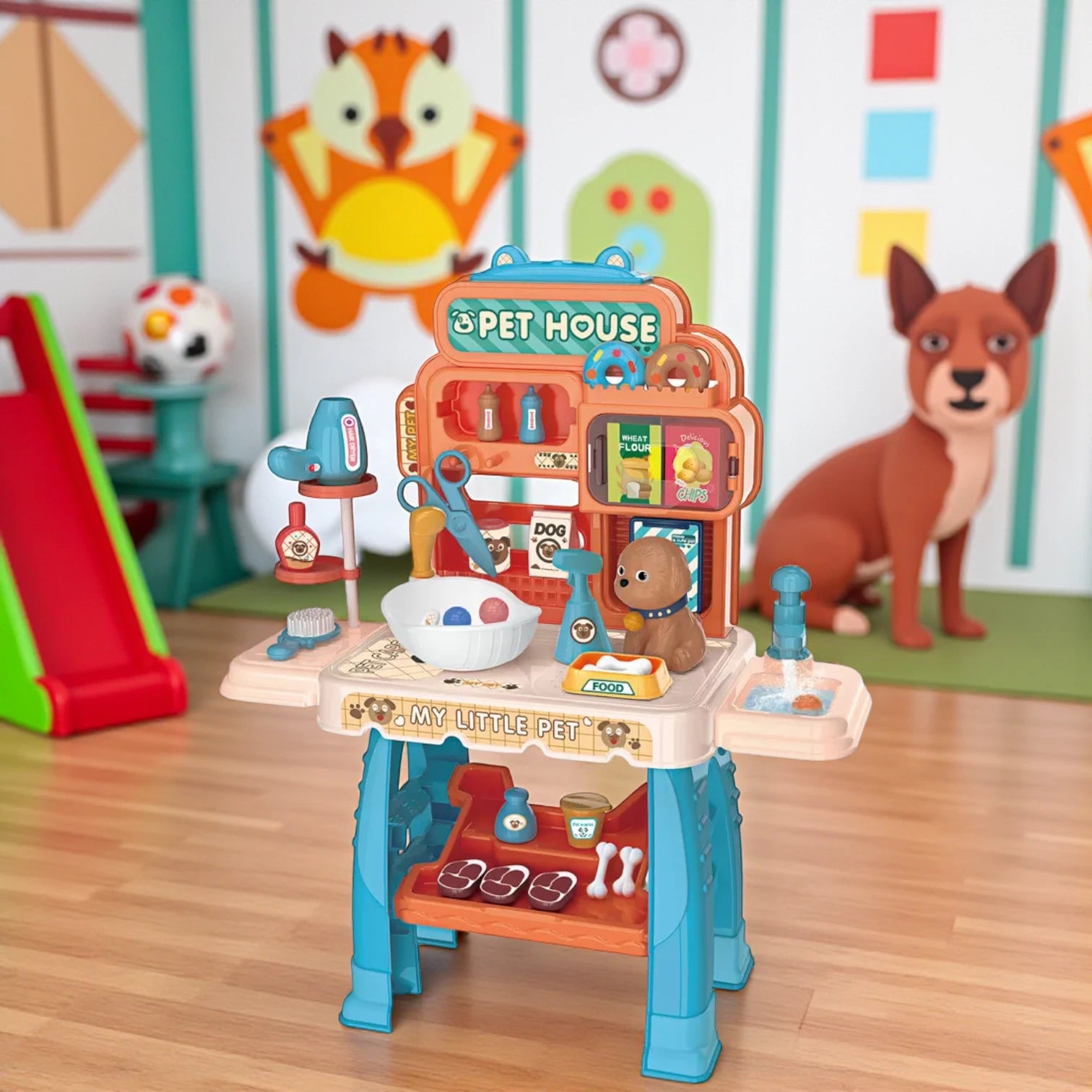 Cute Pet House Play Set 46 Pcs | Pet Care Toy with Food, Accessories & Water Faucet | Pretend Play Animal Care Set for Kids Ages 3+