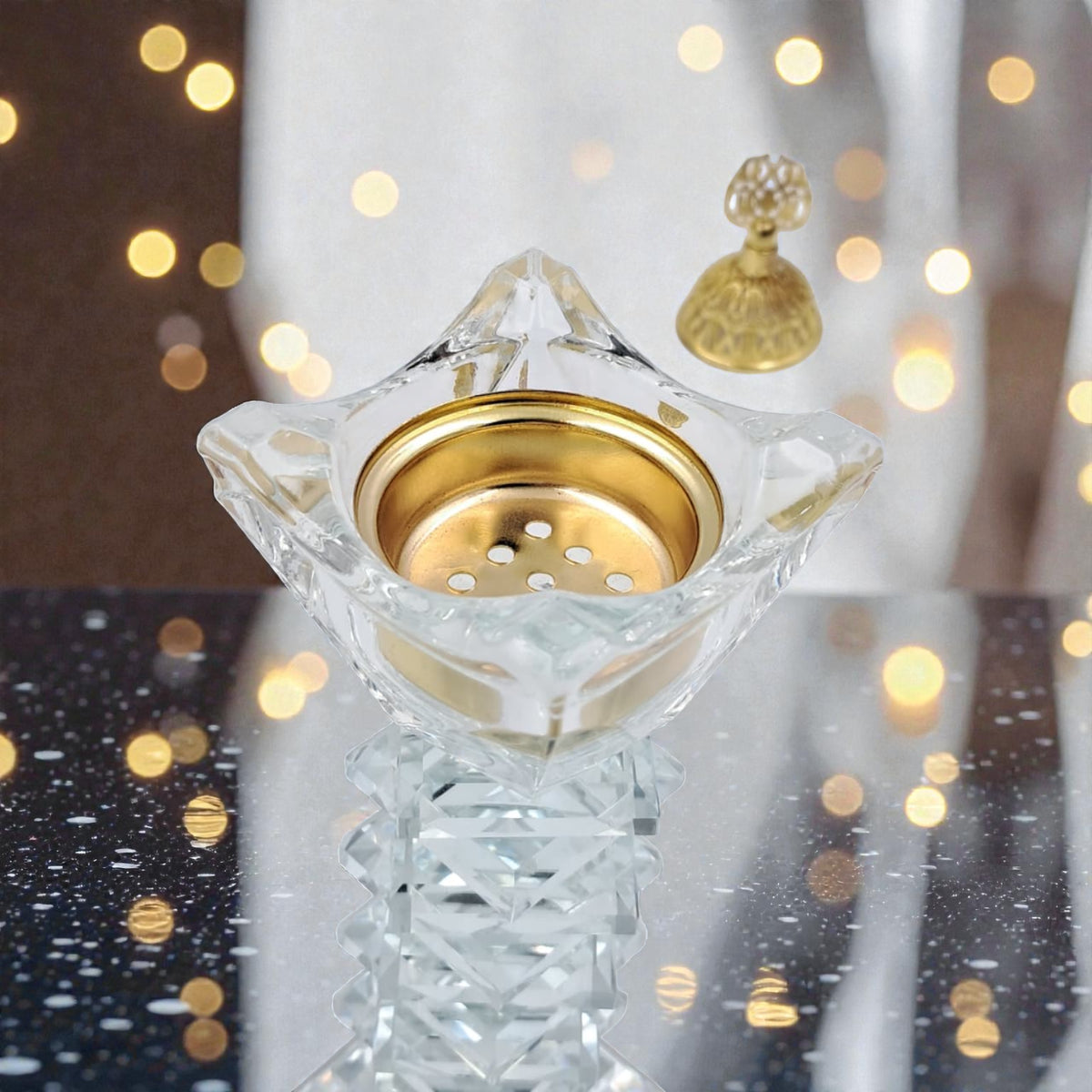 Luxury Crystal Mibkhara Incense Burner – Black or White Glass with Gold Lid, Decorative Bakhoor Burner for Home & Majlis (21H x 6L × 6W CM) - Damoo