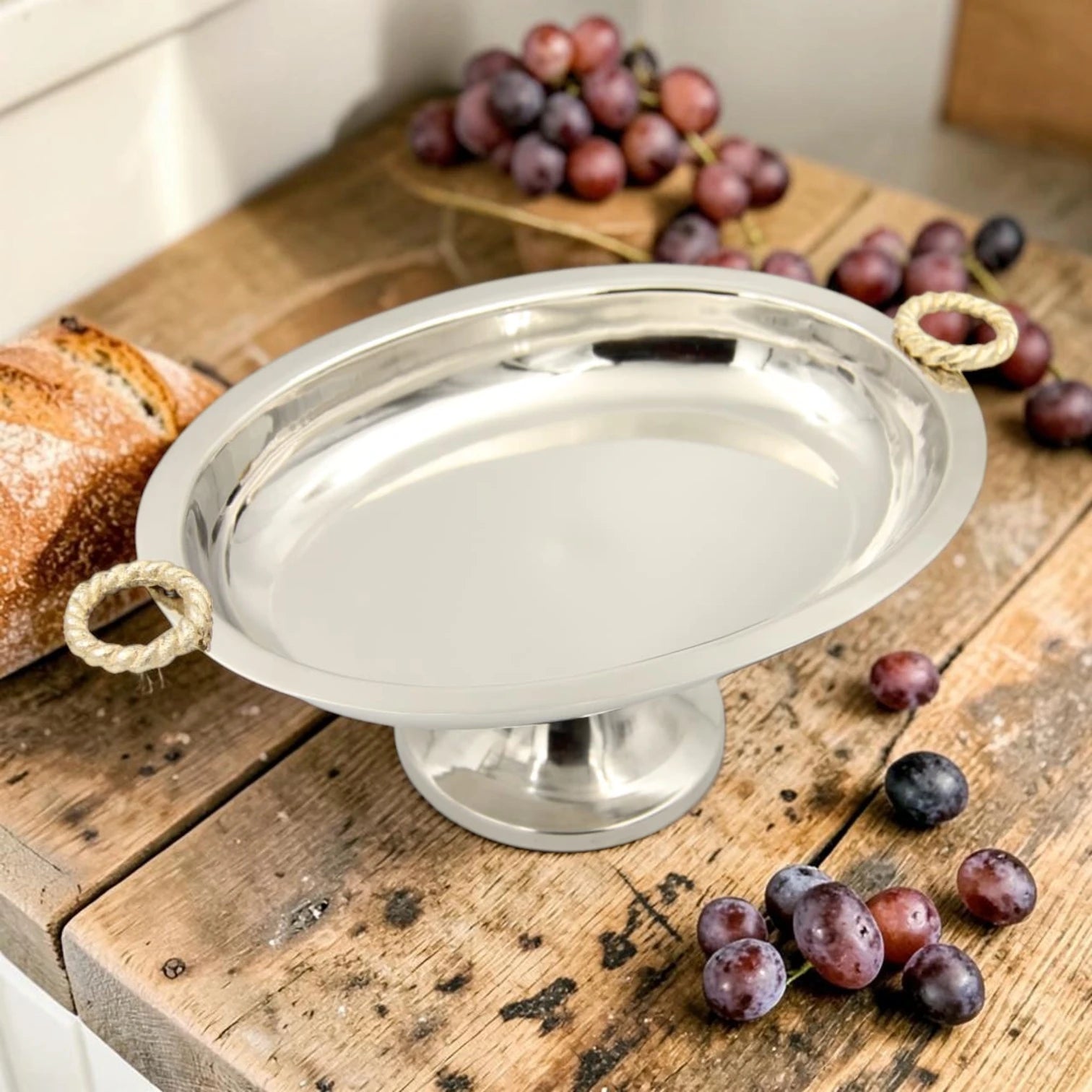 Damoo Oval Metal Serving Tray with Pedestal Base & Gold Handles – Elegant Aluminum & Steel Display Stand for Desserts, Fruits & Table Serving (15H x 39L x 24W CM) - Damoo