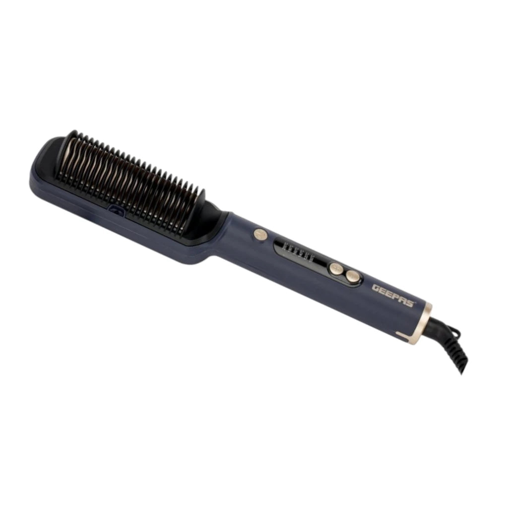Geepas Ceramic Hair Straightening Brush – 30W, Digital Temperature Control, Fast Heating up to 200°C, Fine Bristles, Anti-Scald Protection, 360° Swivel Cord – Ideal for All Hair Types, Black - GHBS86088 - Damoo