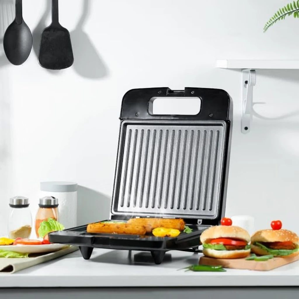 Geepas 4-Slice Electric Grill Maker GGT671 with Non-Stick Cooking Plates, 1400W , Cool Touch Handle, Power & Ready Indicator, Thermostat Control & Upright Storage – Stainless Steel Black Panini Press - Damoo