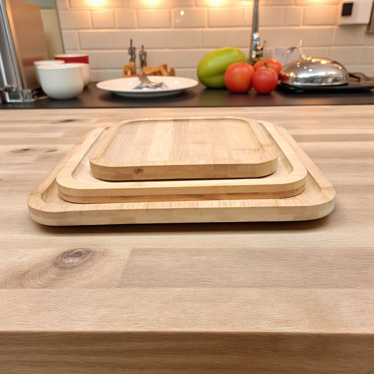 Premium Natural Bamboo Serving Tray Set – 3-Piece Square Wooden Platters for Coffee, Snacks & Home Décor - Damoo