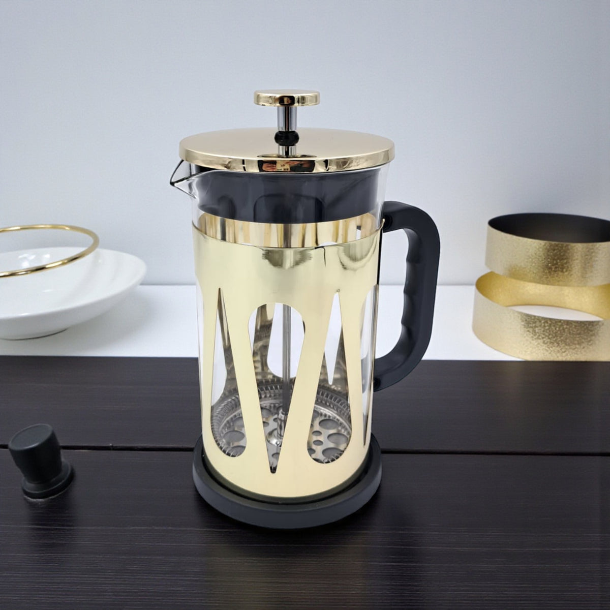 HTH French Press Coffee Maker 1000ml – Premium Stainless Steel Glass Coffee & Tea Press Pot | Heat-Resistant Borosilicate Glass, Gold & Silver Colors