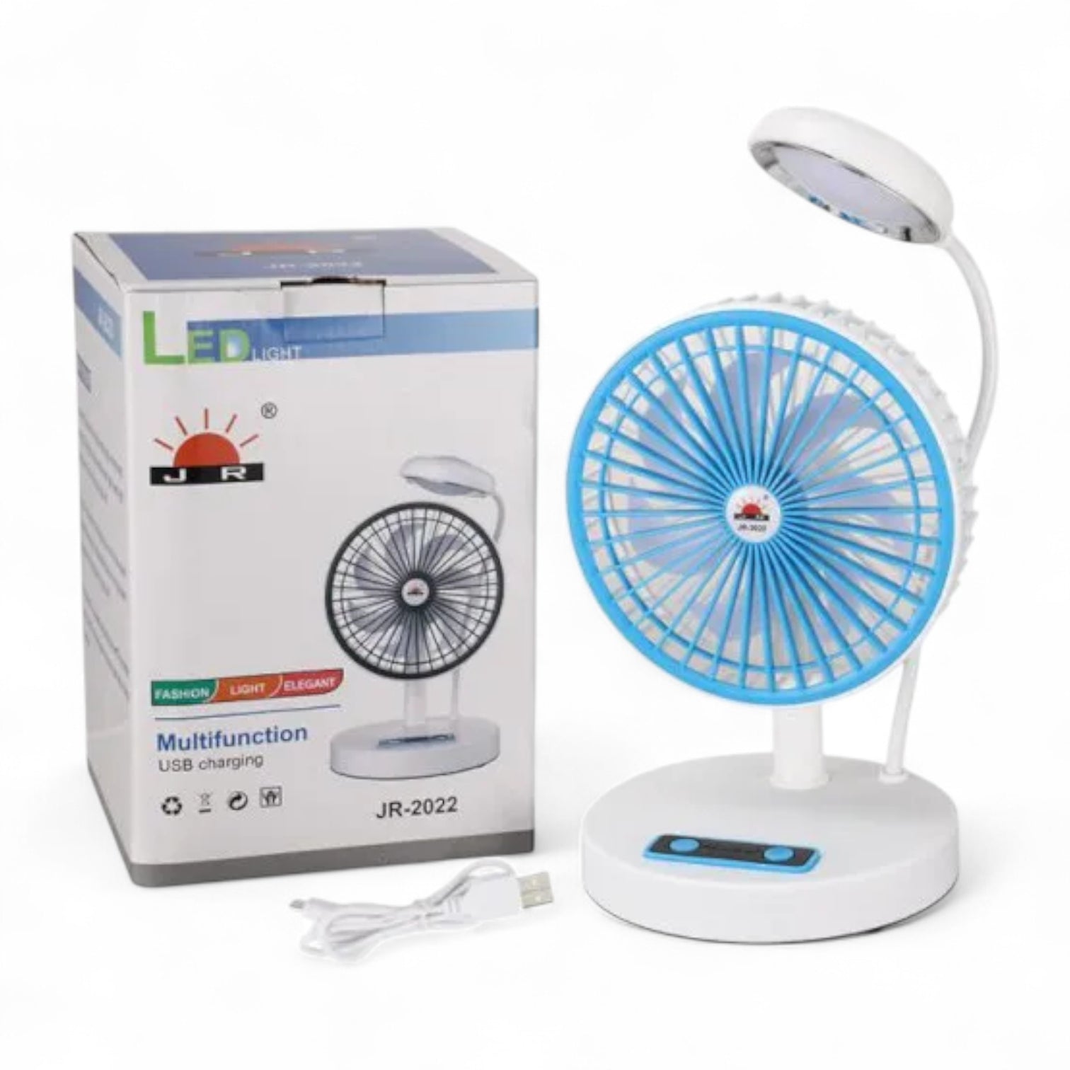 JR-2022 Multifunctional Rechargeable Fan with LED Light – 3000mAh Battery, USB Charging, Adjustable Speeds & Brightness | Foldable Desk & Table Fan with Power Bank Output - Damoo