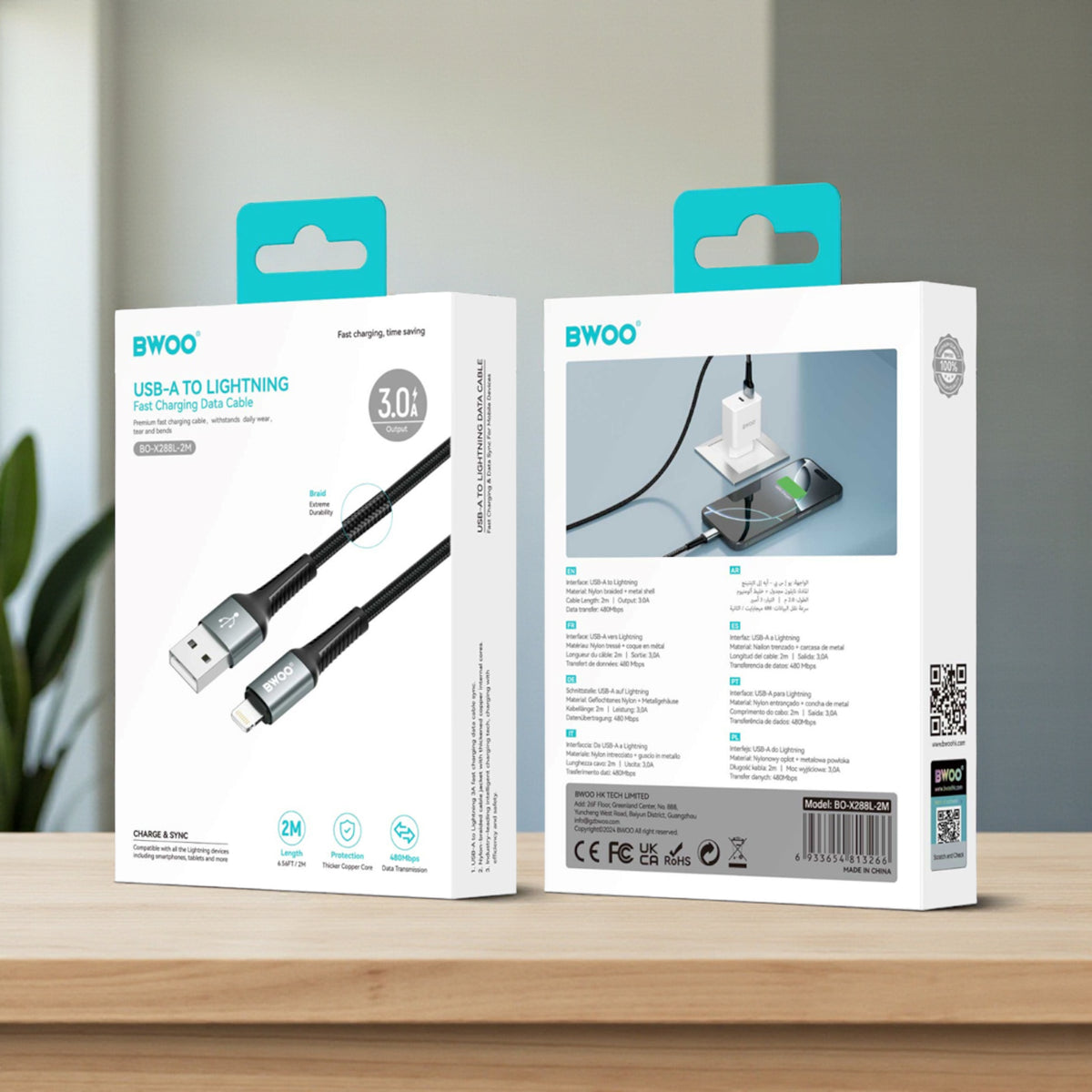 كابل بيانات شحن سريع من BWOO USB-A إلى Lightning بطول 2 متر - مخرج 3.0 أمبير، مضفر من النايلون، مزامنة عالية السرعة 480 ميجابت في الثانية، غلاف متين من الألومنيوم - أسود