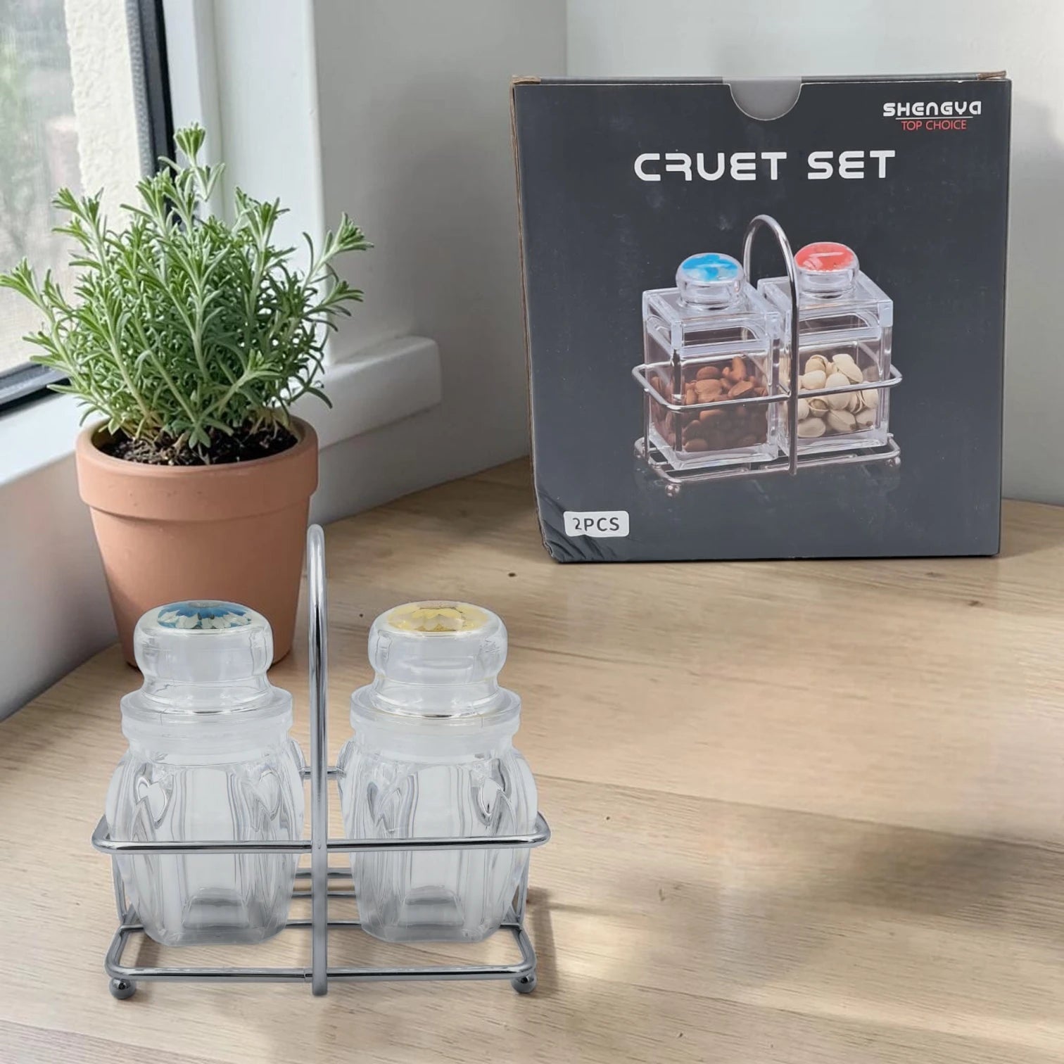 2-Piece Acrylic Cruet Set with Metal Stand, Spice & Condiment Jars with Lid (Salt & Pepper, Oil, Sauce Holder), Kitchen & Dining Table Organizer - Damoo