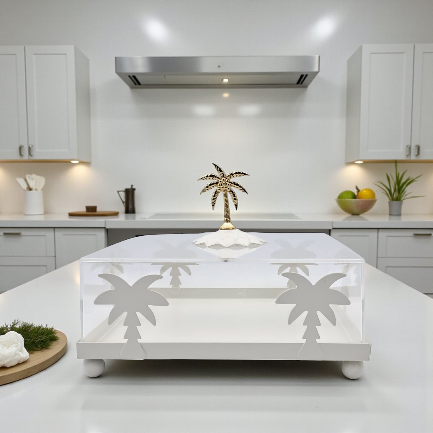 صينية تقديم أكريليك مربعة الشكل بتصميم شجرة نخيل بيضاء مع غطاء مقبب - طبق أنيق شفاف لعرض الحلويات | صينية حلوى وكعك فاخرة بمقبض ذهبي