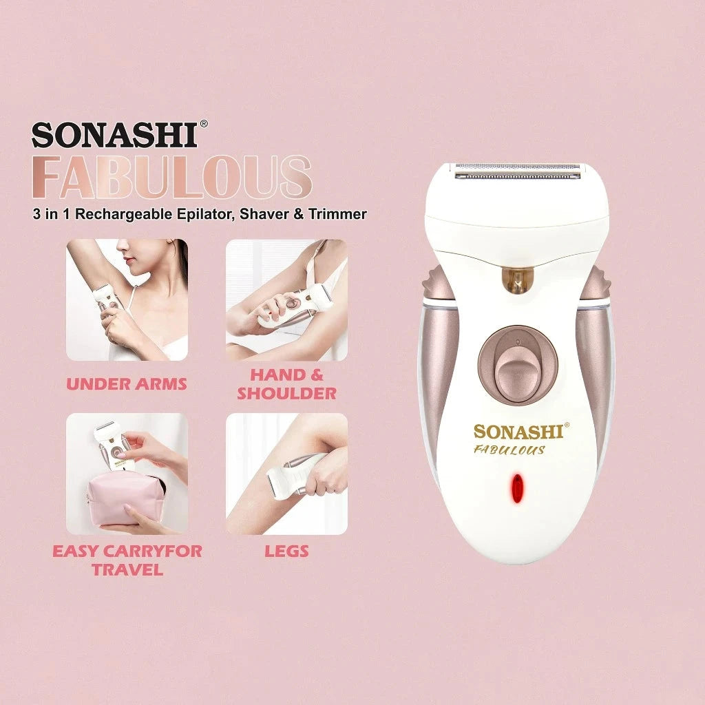 Sonashi Epilator & Trimmer for Women – SLD-824 | 3 Attachments, Washable Head, Stainless Steel Blades, LED Light, 45 Min Usage Time - Damoo