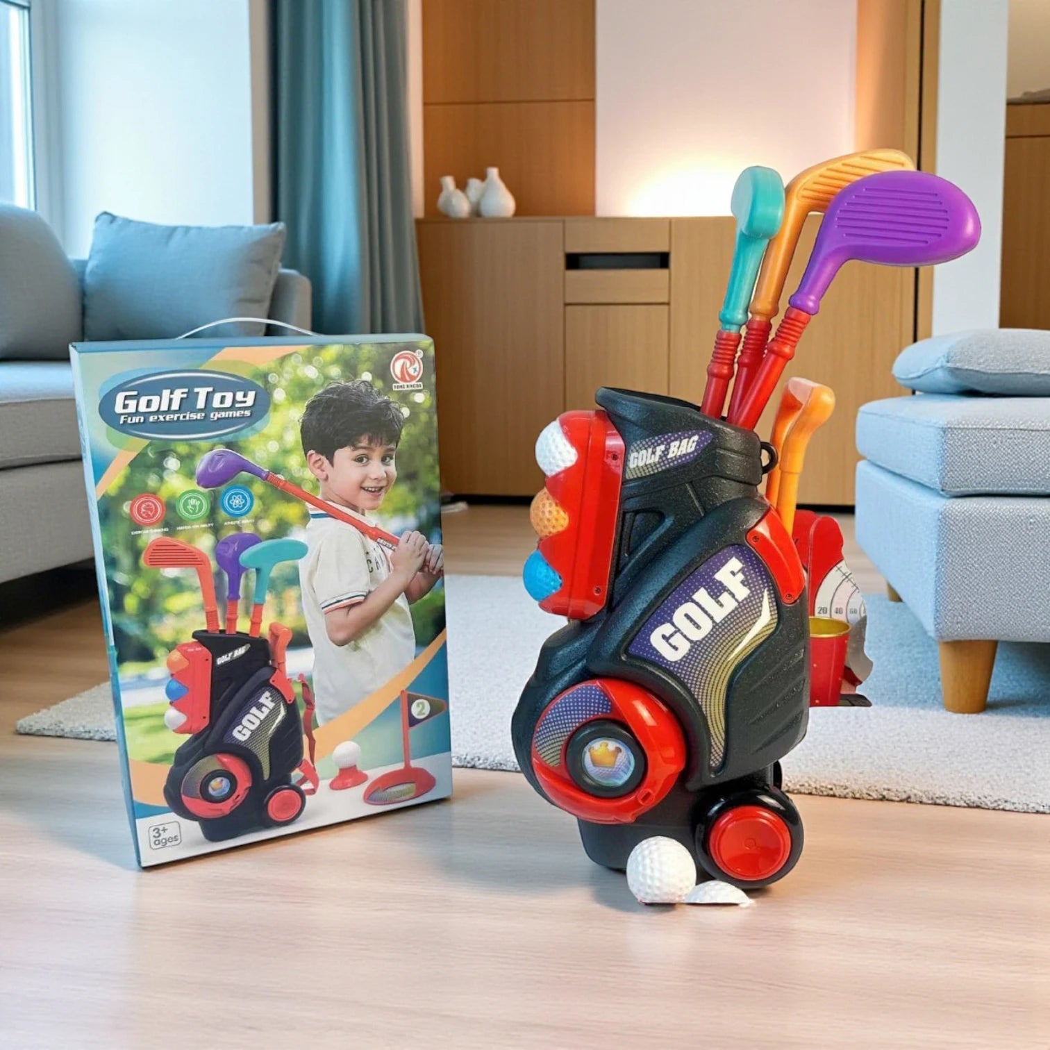 Rong Xing Da Kids Golf Push-Box Backpack Toy Set | Indoor & Outdoor Interactive Sports Game for Young Athletes | Telescopic Pull Rod, Rolling Wheels & Accessories