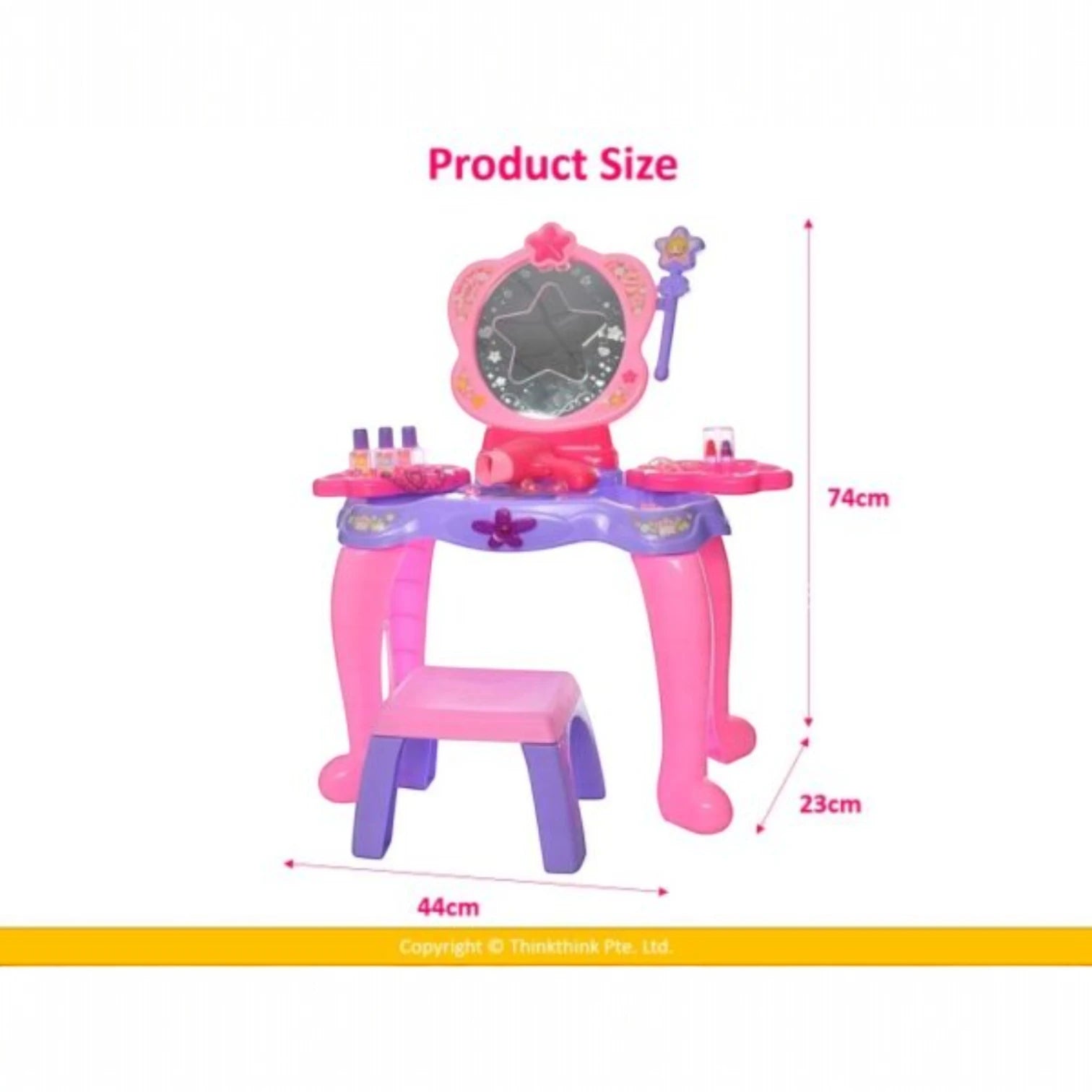 Princess Dressing Table Play Set with Chair, Mirror, Hair Dryer & Cosmetic Accessories – Battery Operated Light & Sound Effects | Interactive Pretend Play Toy for Kids
