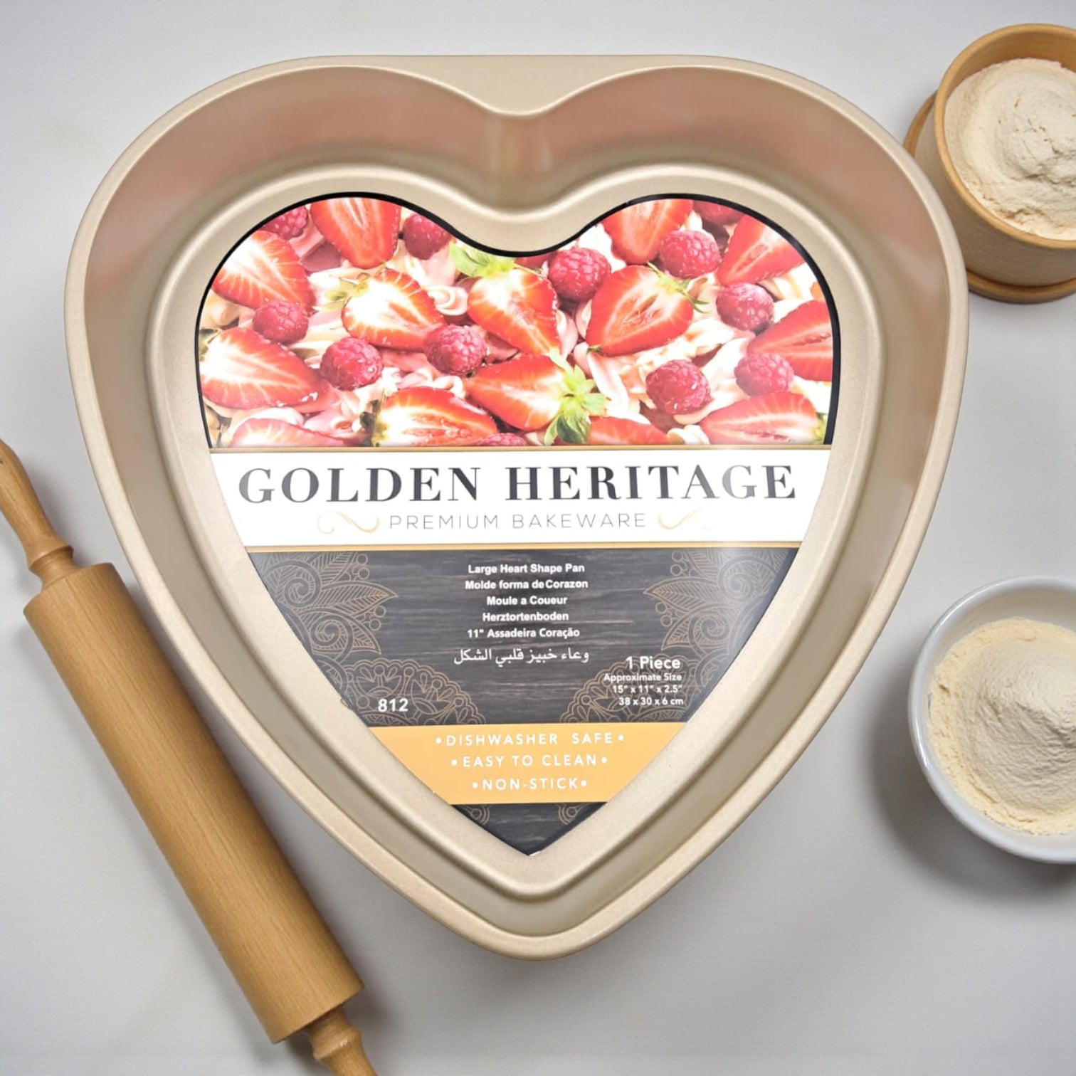 Golden Heritage Heart-Shaped Non-Stick Cake Pan – Premium Gold Bakeware, Dishwasher Safe, Even Heat Baking (5H x 29L × 29W CM) - Damoo