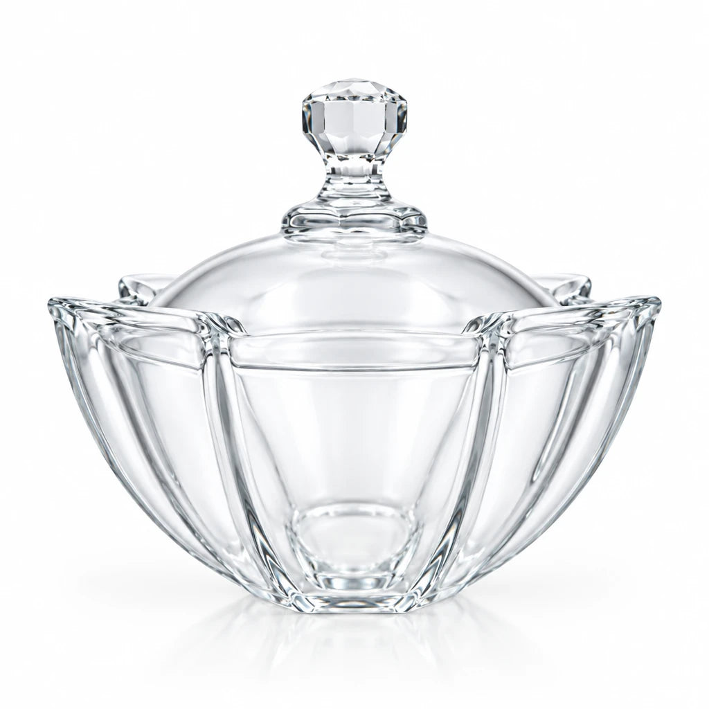 Stage Glass Candy Bowl with Lid – Elegant Decorative Serving Bowl for Sweets, Dates & Dry Fruits, Ideal for Home & Festive Use (15H x 16.5L × 16.5W CM) - Damoo